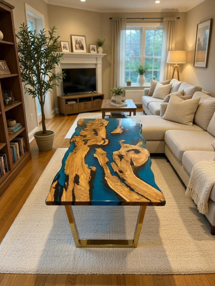 Customer Custom Premium Rectangular Olive Wood Vibrant Blue Epoxy Coffee Table image 3