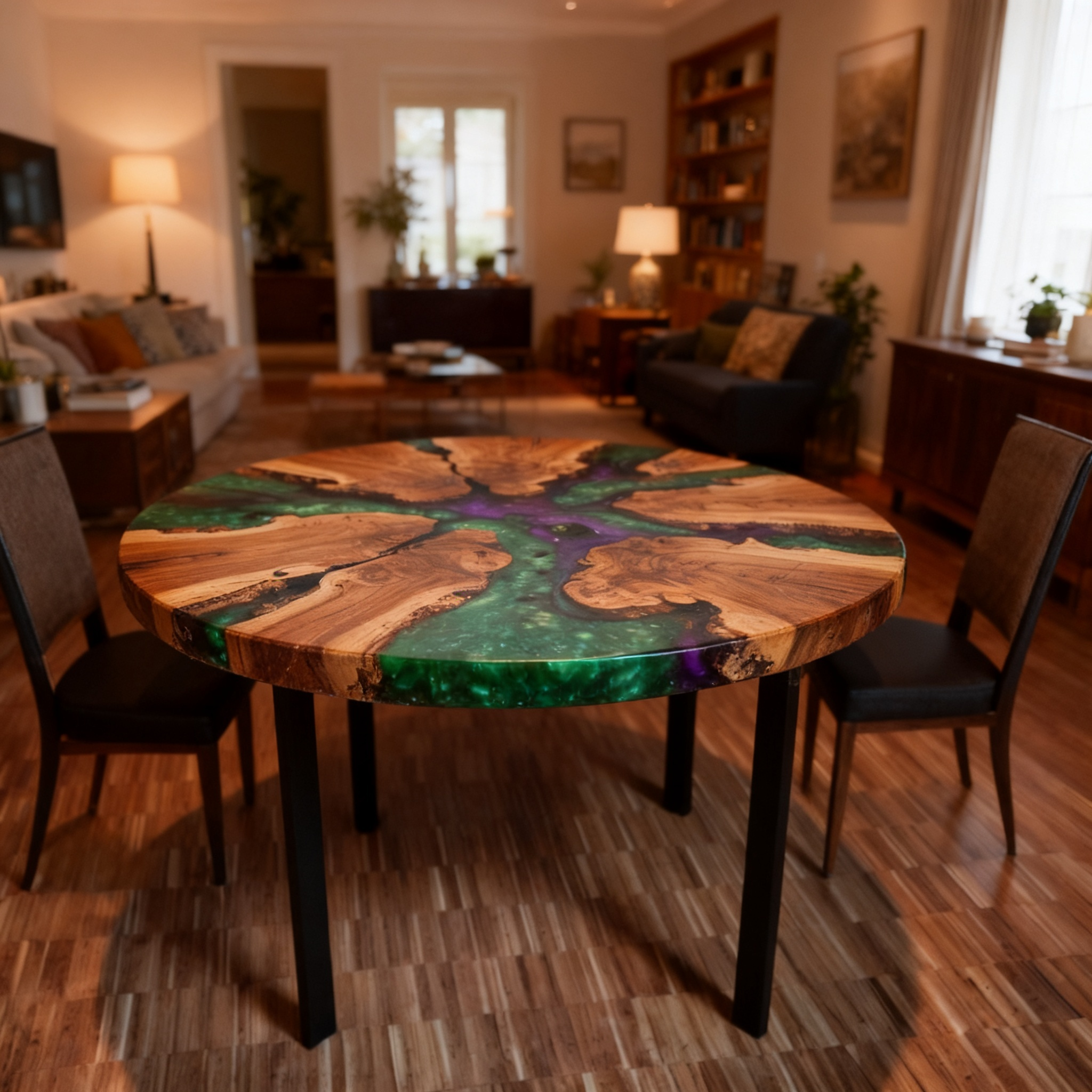 Premium Round Suar Wood Blue Epoxy River Dining Table image 3