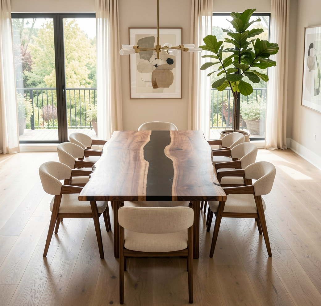 Custom Premium Rectangular Black Walnut Black Epoxy River Dining Table image 4
