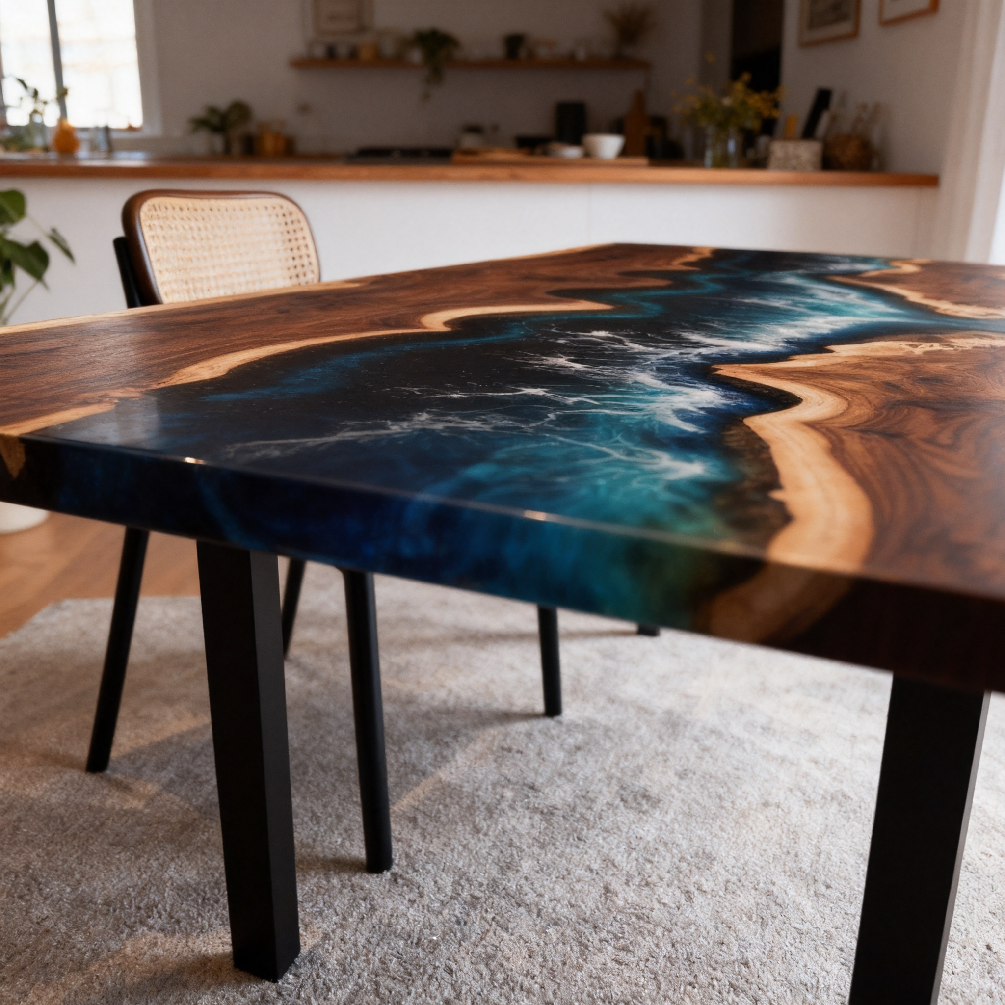 Coastal Surge Ripples Custom Black Walnut Blue Epoxy River Dining Table image 2
