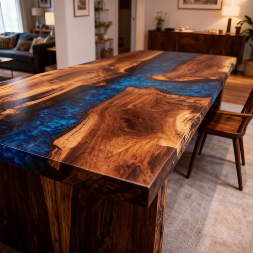 Abyssal Heart Flow Custom Black Walnut Blue Epoxy River Dining Table image 2