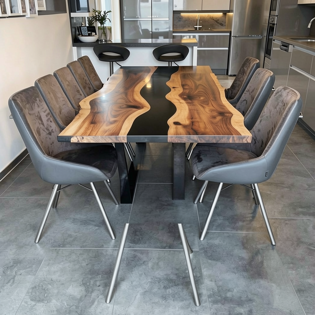 Custom Premium Rectangular Suar Wood Black Epoxy River Dining Table image 3