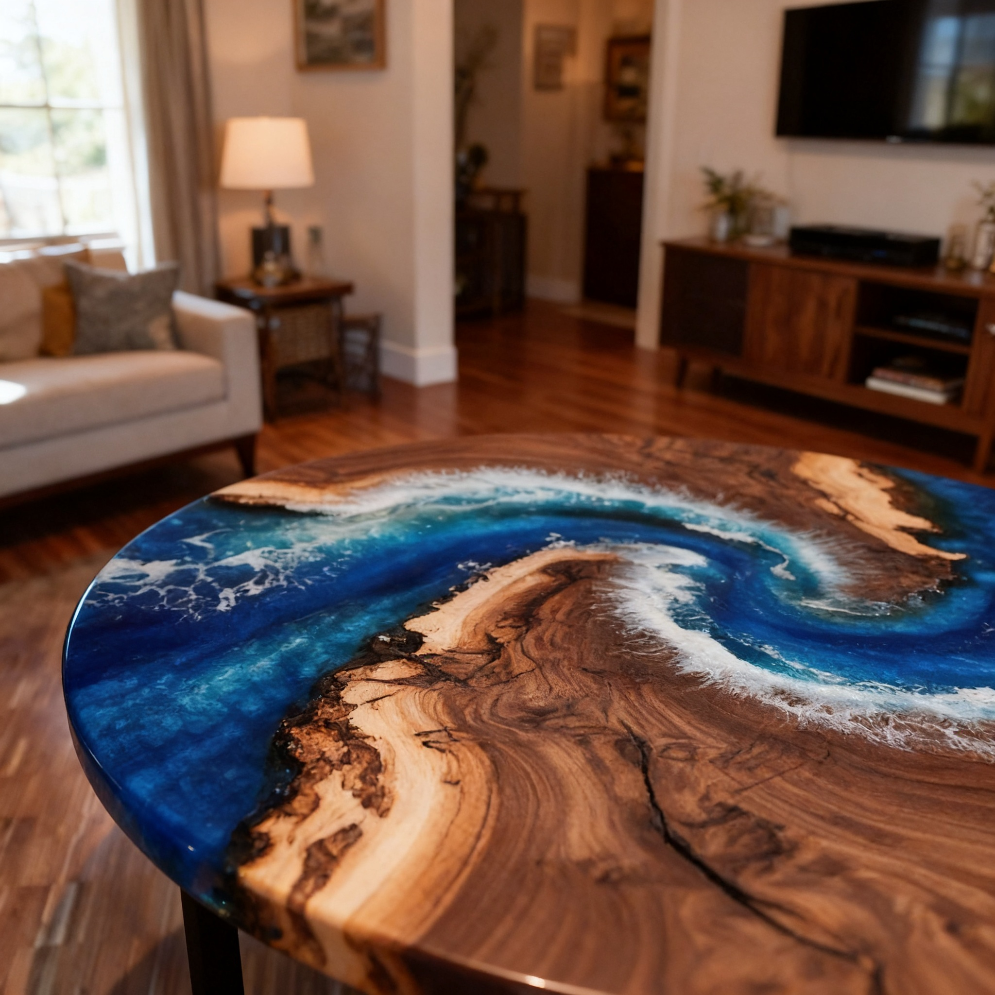 Modern Circular Design Custom Black Walnut Blue Epoxy River Dining Table image 2