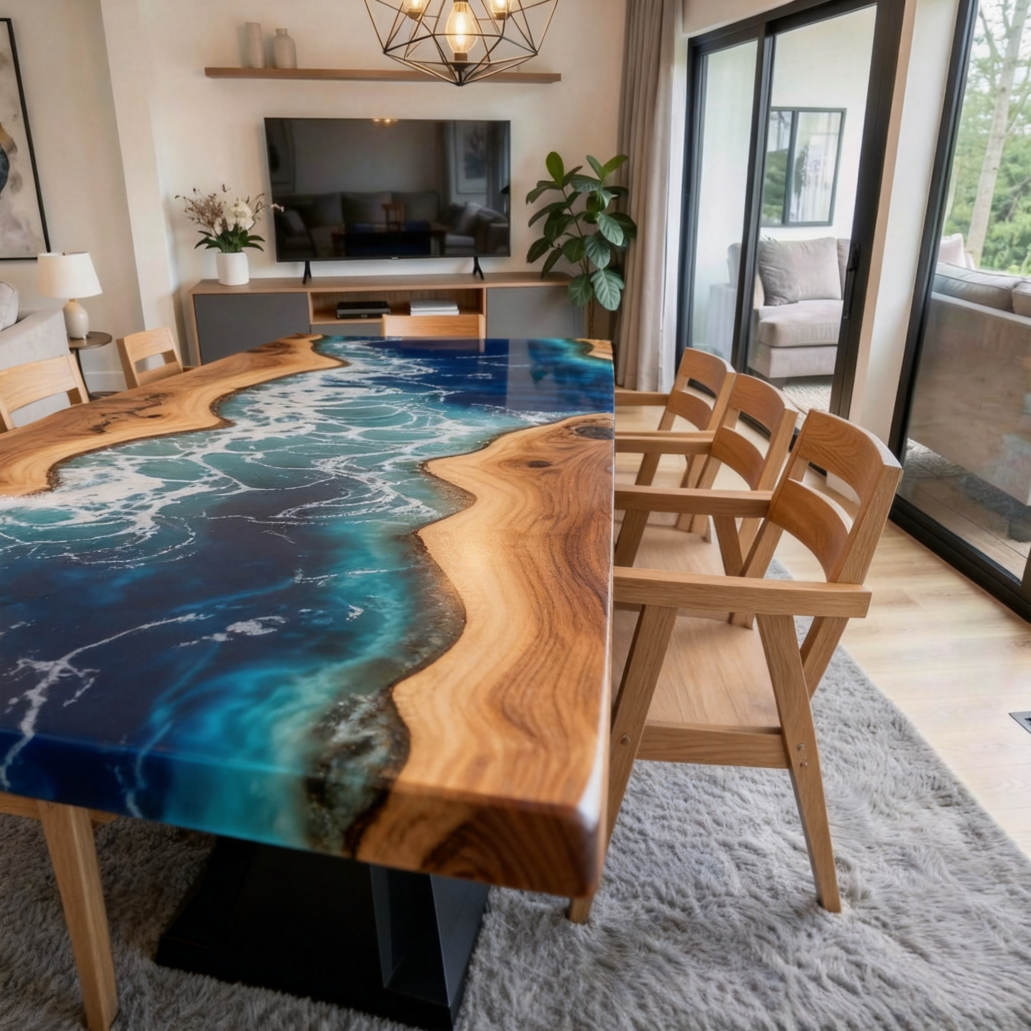 Custom Professional South American Walnut Ocean Ripple Resin Dining Table image 2