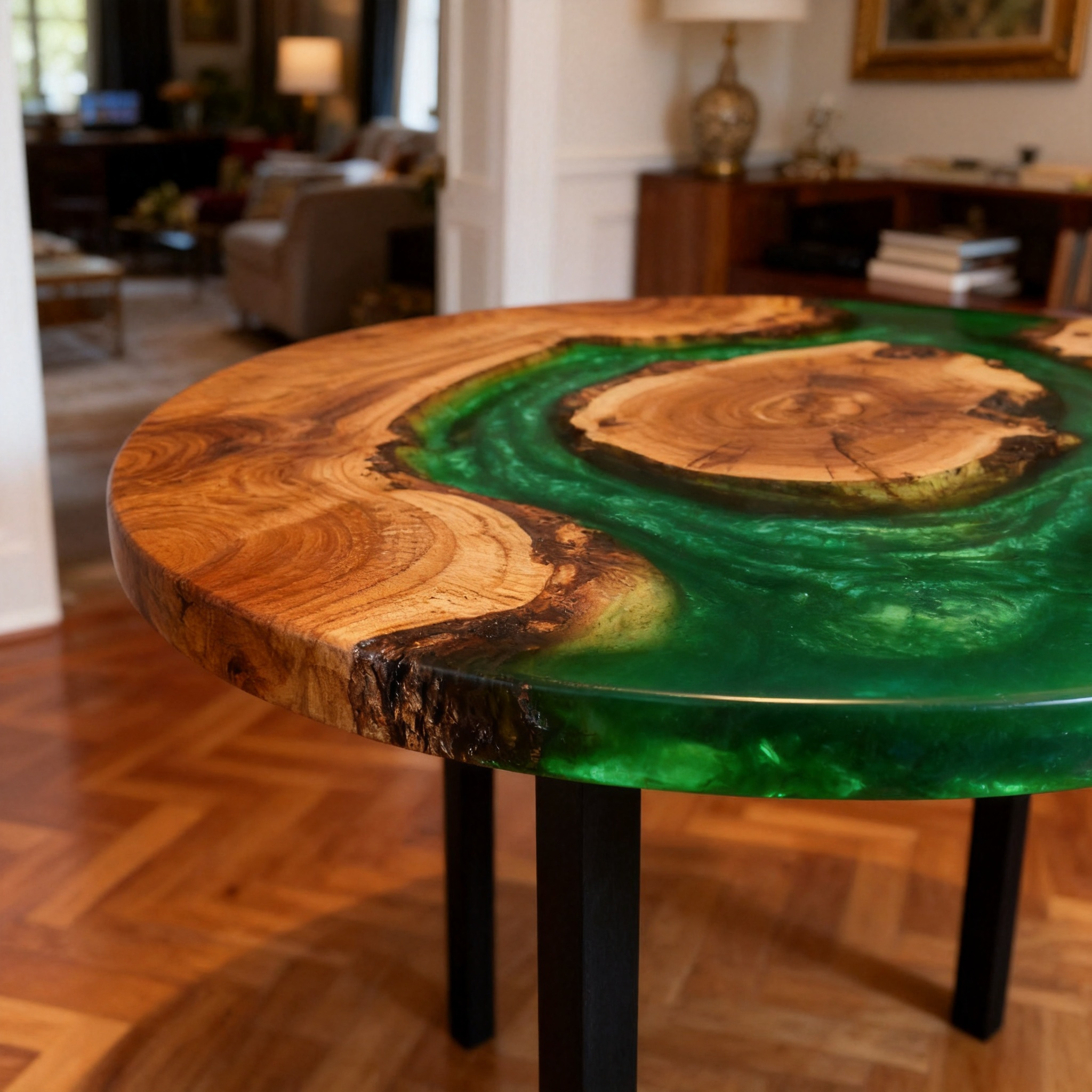 Professional Circular South American Walnut Green Resin Dining Table image 3