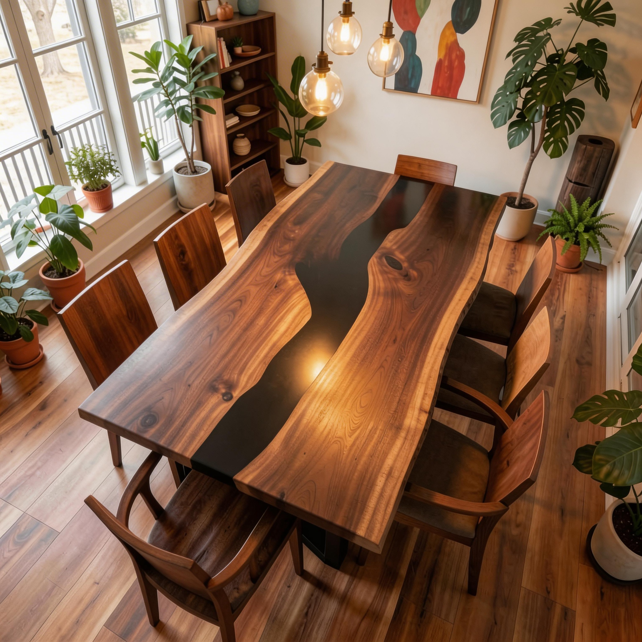 Custom Premium Rectangular Black Walnut Black Epoxy River Dining Table image 5
