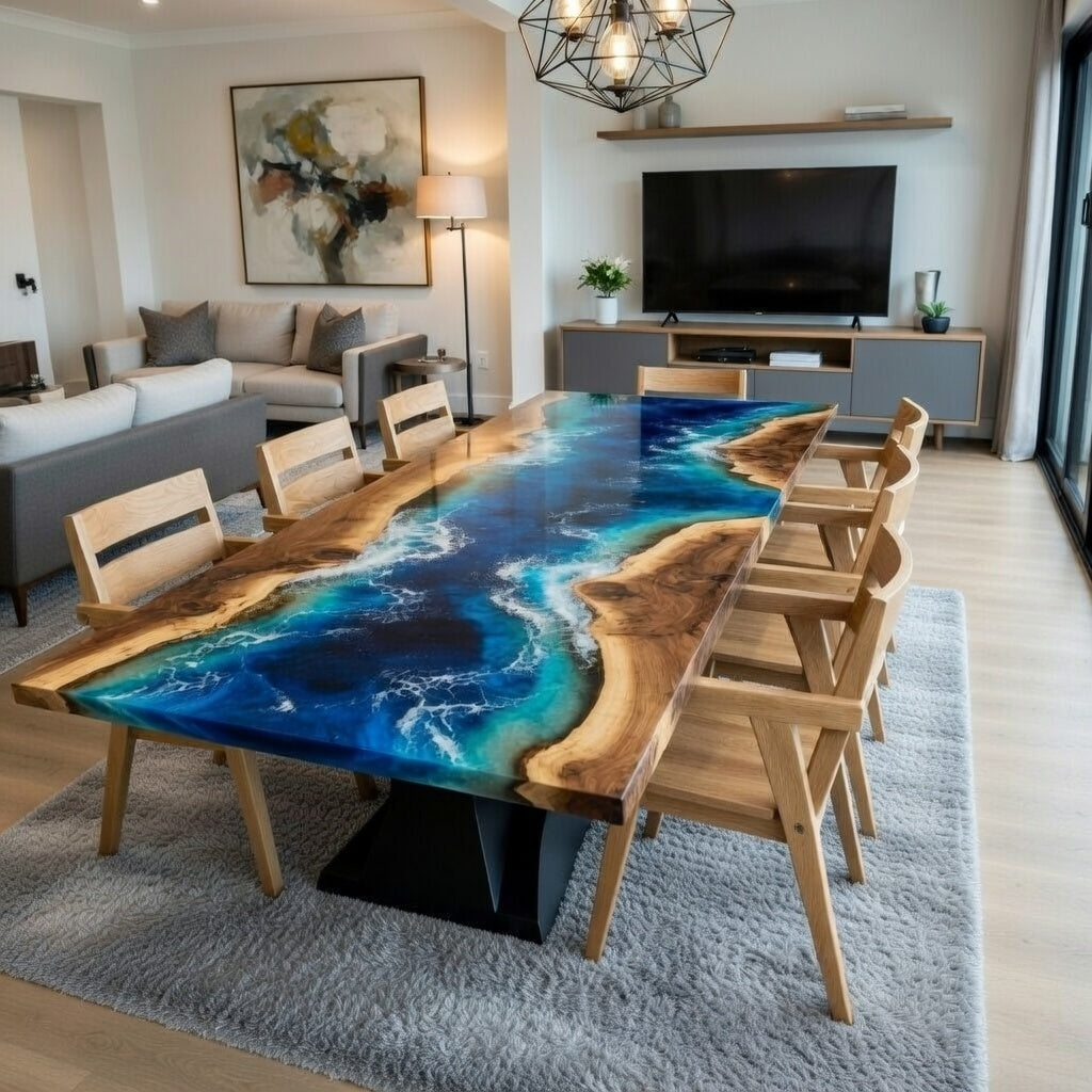 Customer Custom Premium Rectangular Suar Wood Blue Epoxy River Dining Table image 3