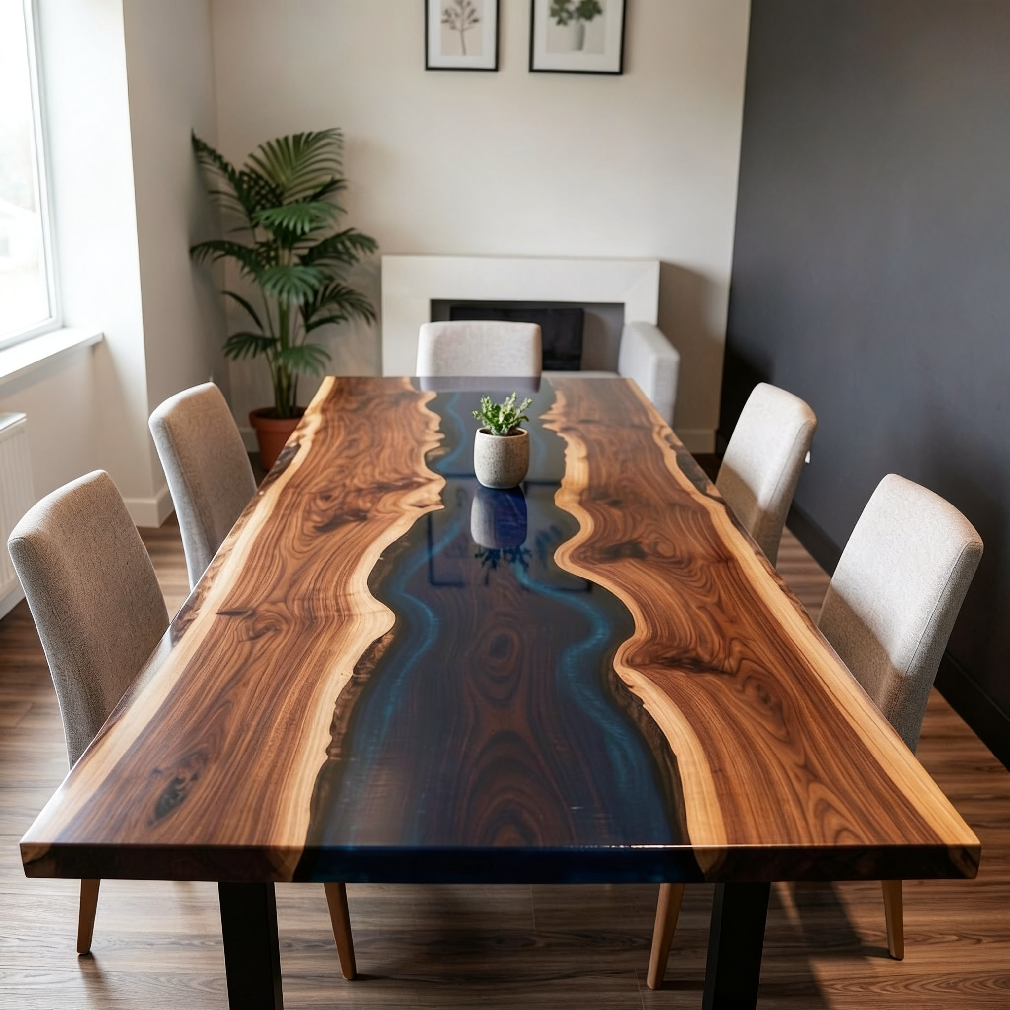 Custom Executive South American Walnut Deep Blue Resin Dining Table image 3