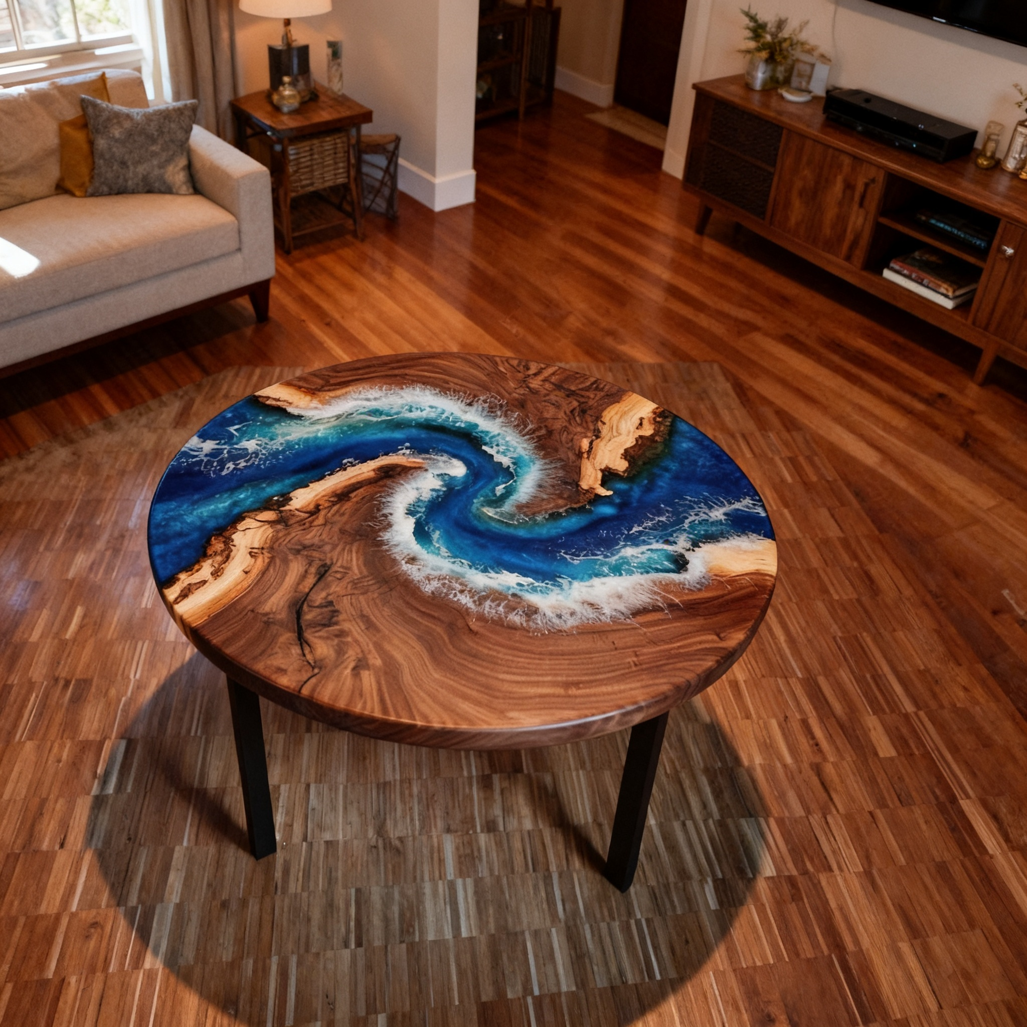 Modern Circular Design Custom Black Walnut Blue Epoxy River Dining Table image 3