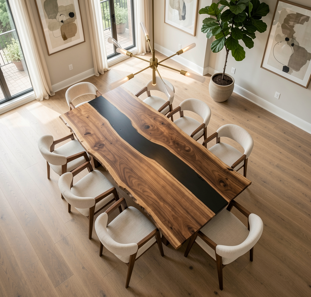 Custom Premium Rectangular Black Walnut Black Epoxy River Dining Table image 5