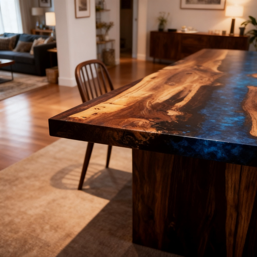 Abyssal Heart Flow Custom Black Walnut Blue Epoxy River Dining Table image 3
