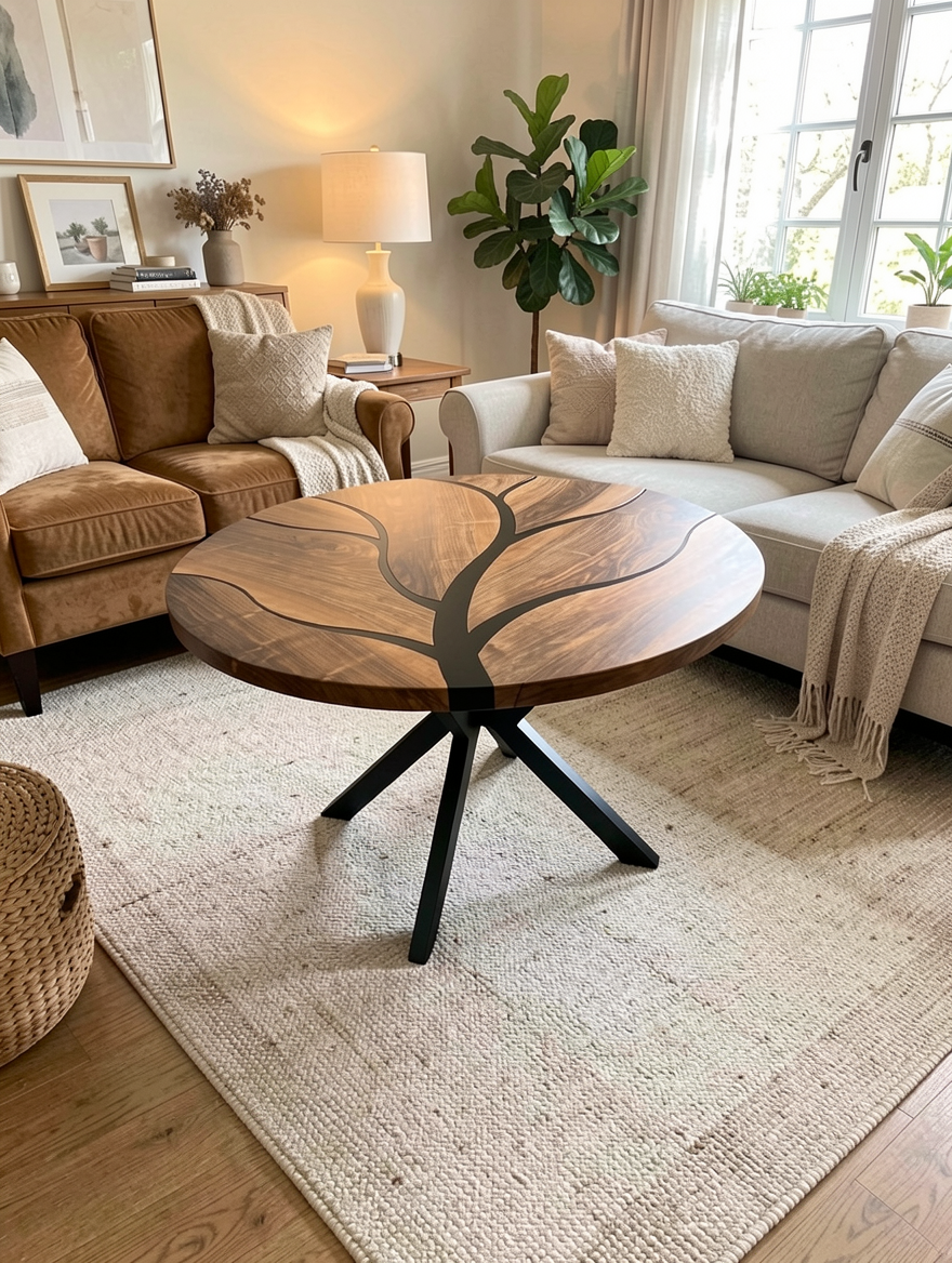Customer Custom Premium Round Suar Wood Black Epoxy Tree Branch Dining Table image 3