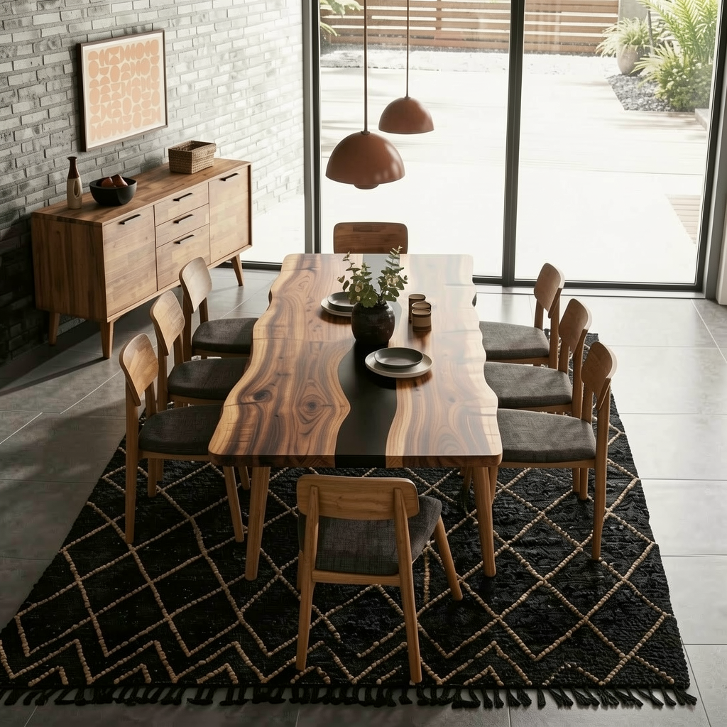 Custom Premium Rectangular Black Walnut Black Epoxy River Dining Table image 2