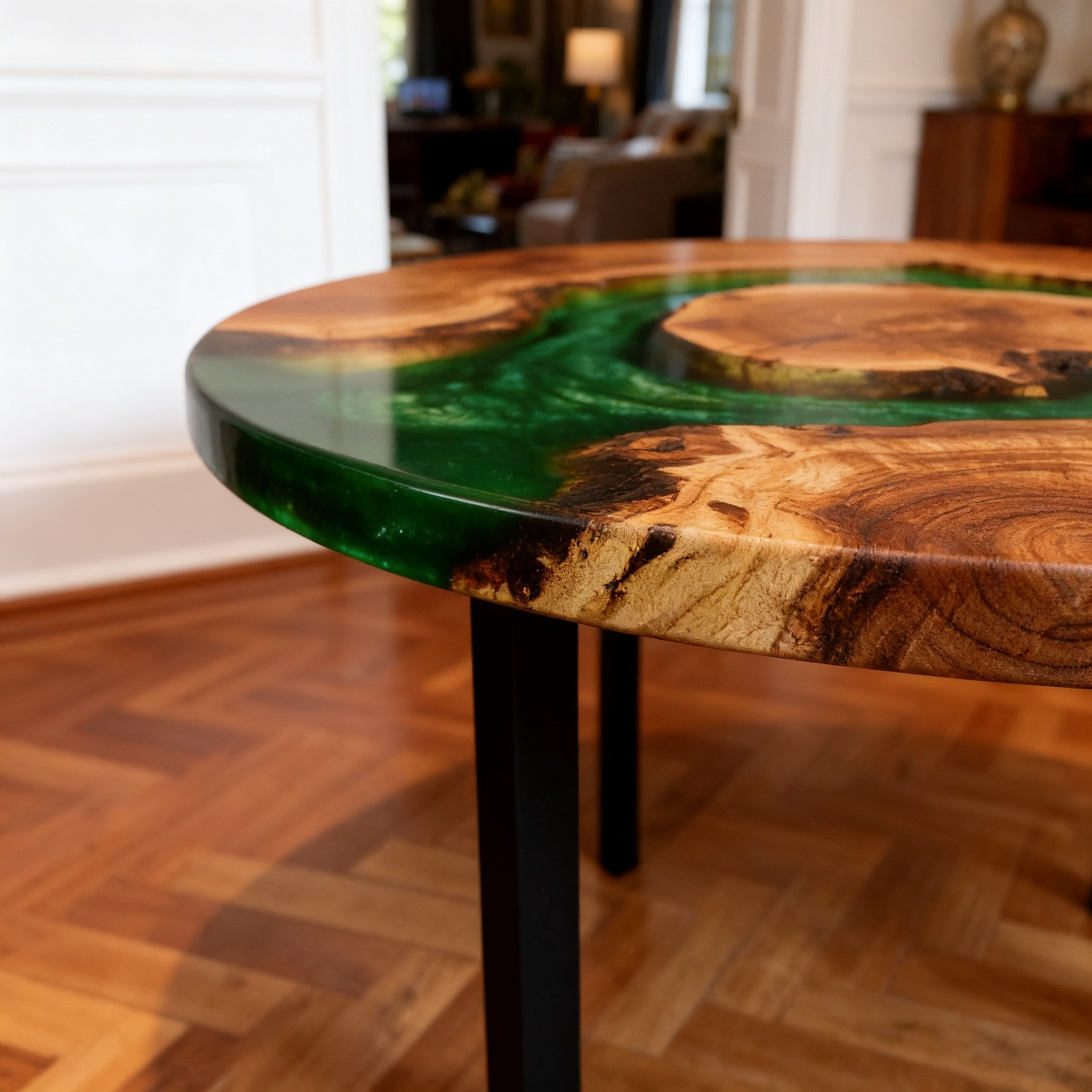 Professional Circular South American Walnut Green Resin Dining Table image 4