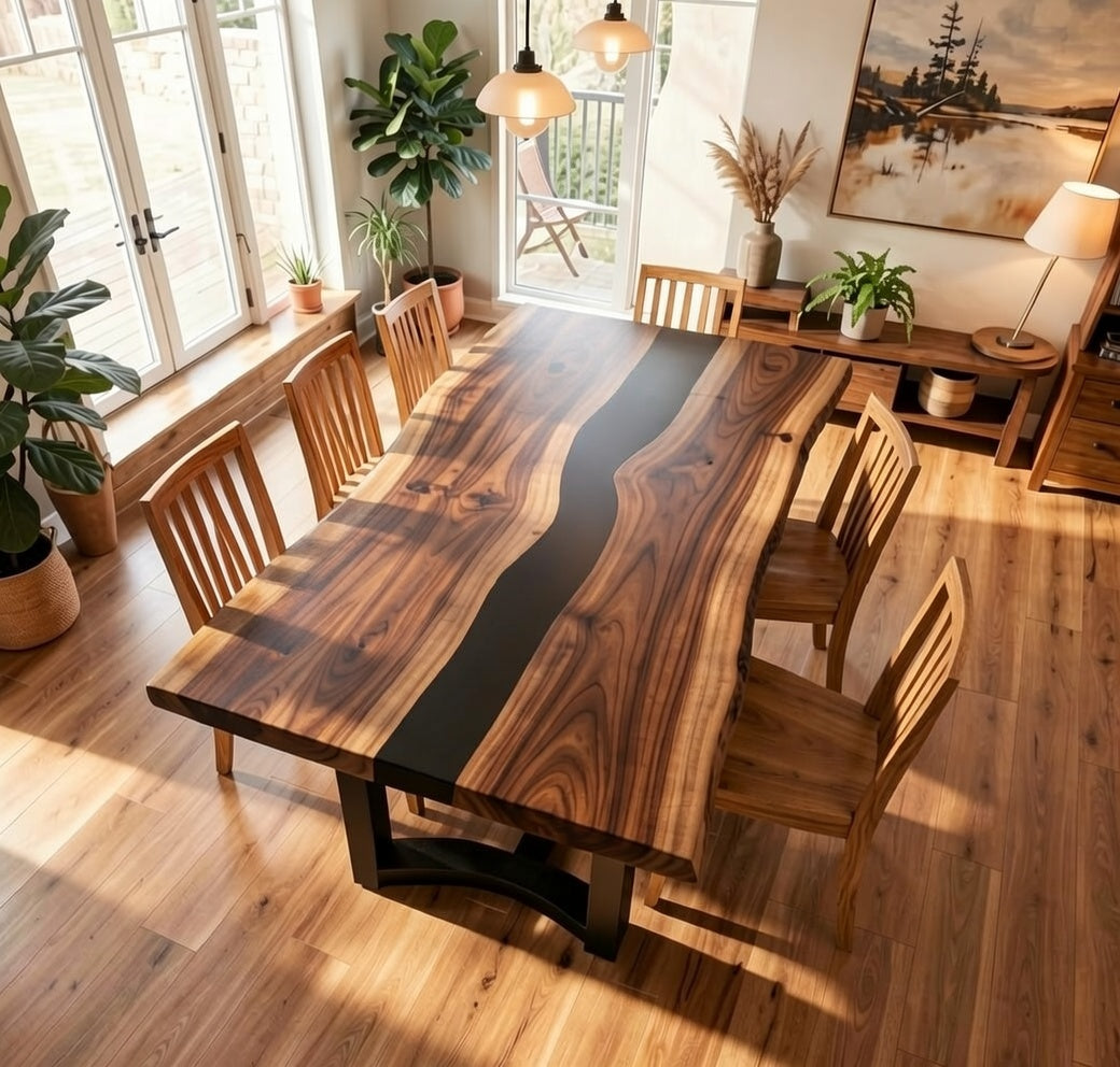 Custom Premium Rectangular Black Walnut Black Epoxy River Dining Table image 5