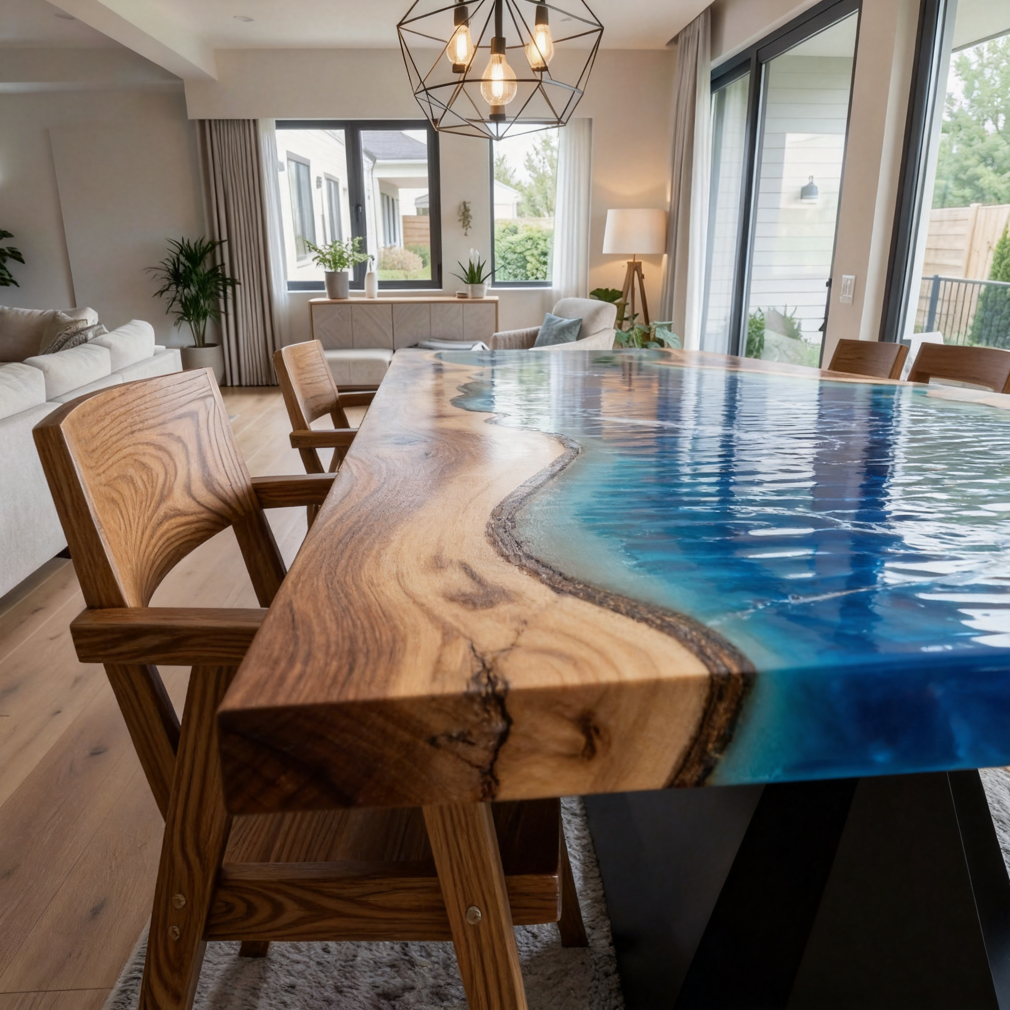 Custom Premium Rectangular Suar Wood Ocean Blue Epoxy River Dining Table image 5