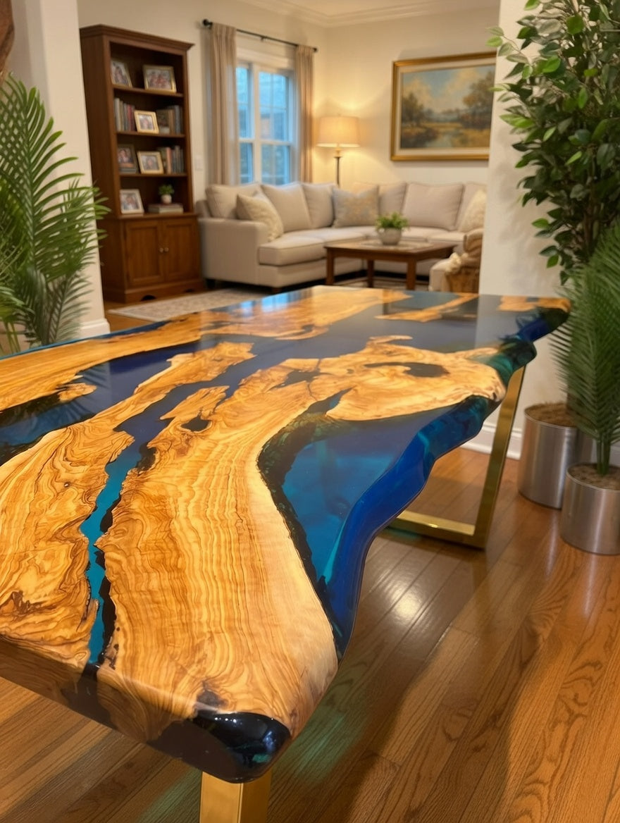 Customer Custom Premium Rectangular Olive Wood Vibrant Blue Epoxy Coffee Table image 5