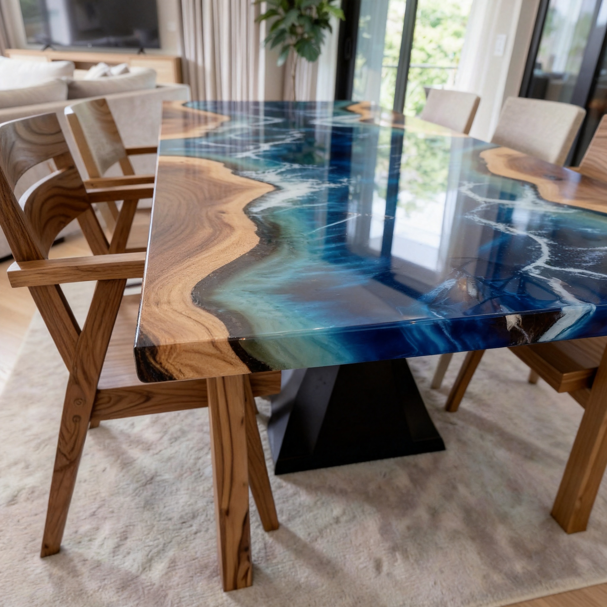 Custom Premium Rectangular Suar Wood Ocean Blue Epoxy River Dining Table image 5