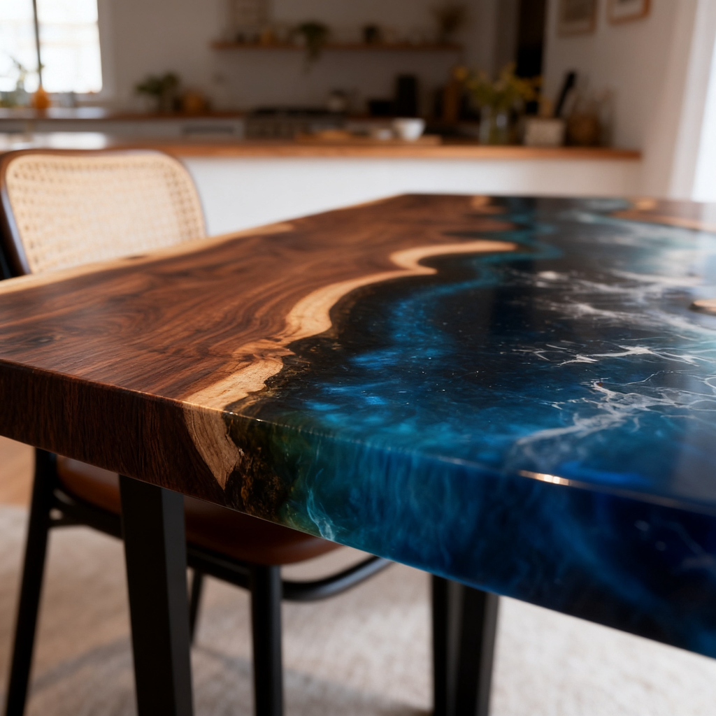 Coastal Surge Ripples Custom Black Walnut Blue Epoxy River Dining Table image 4