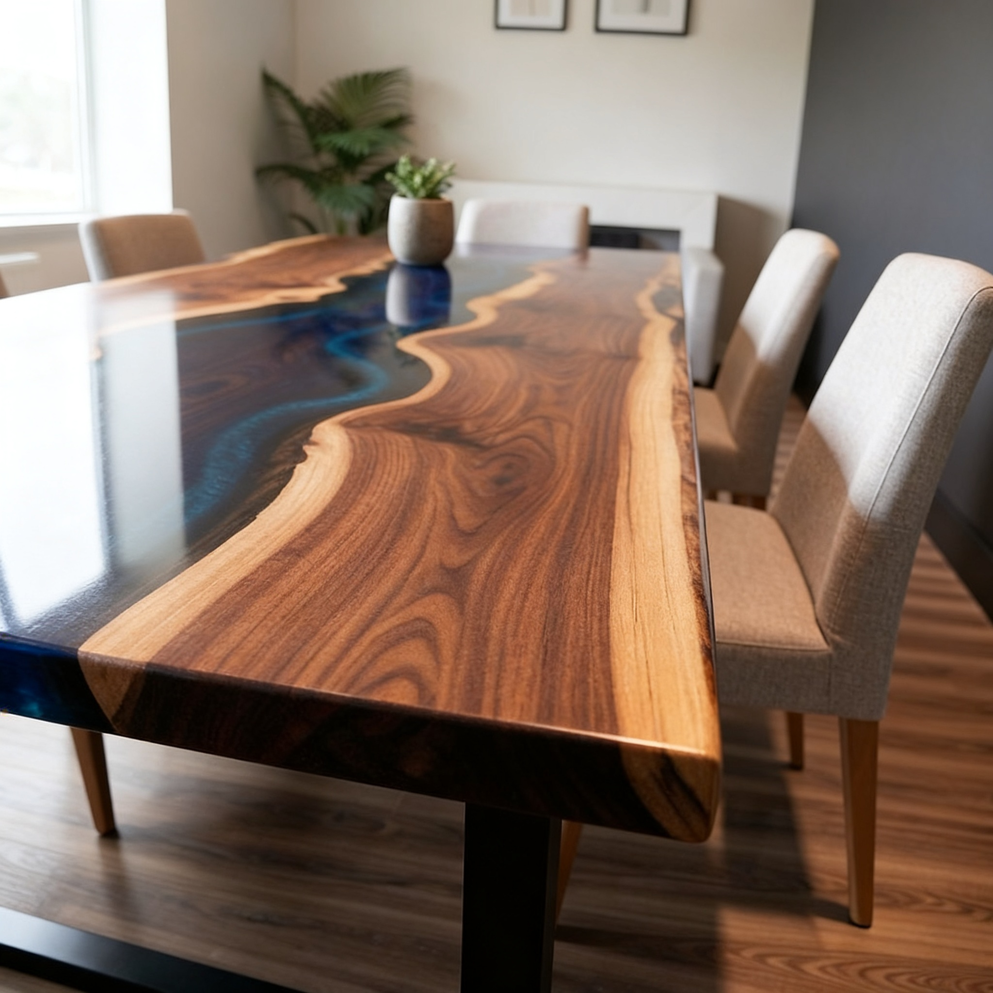 Custom Executive South American Walnut Deep Blue Resin Dining Table image 4