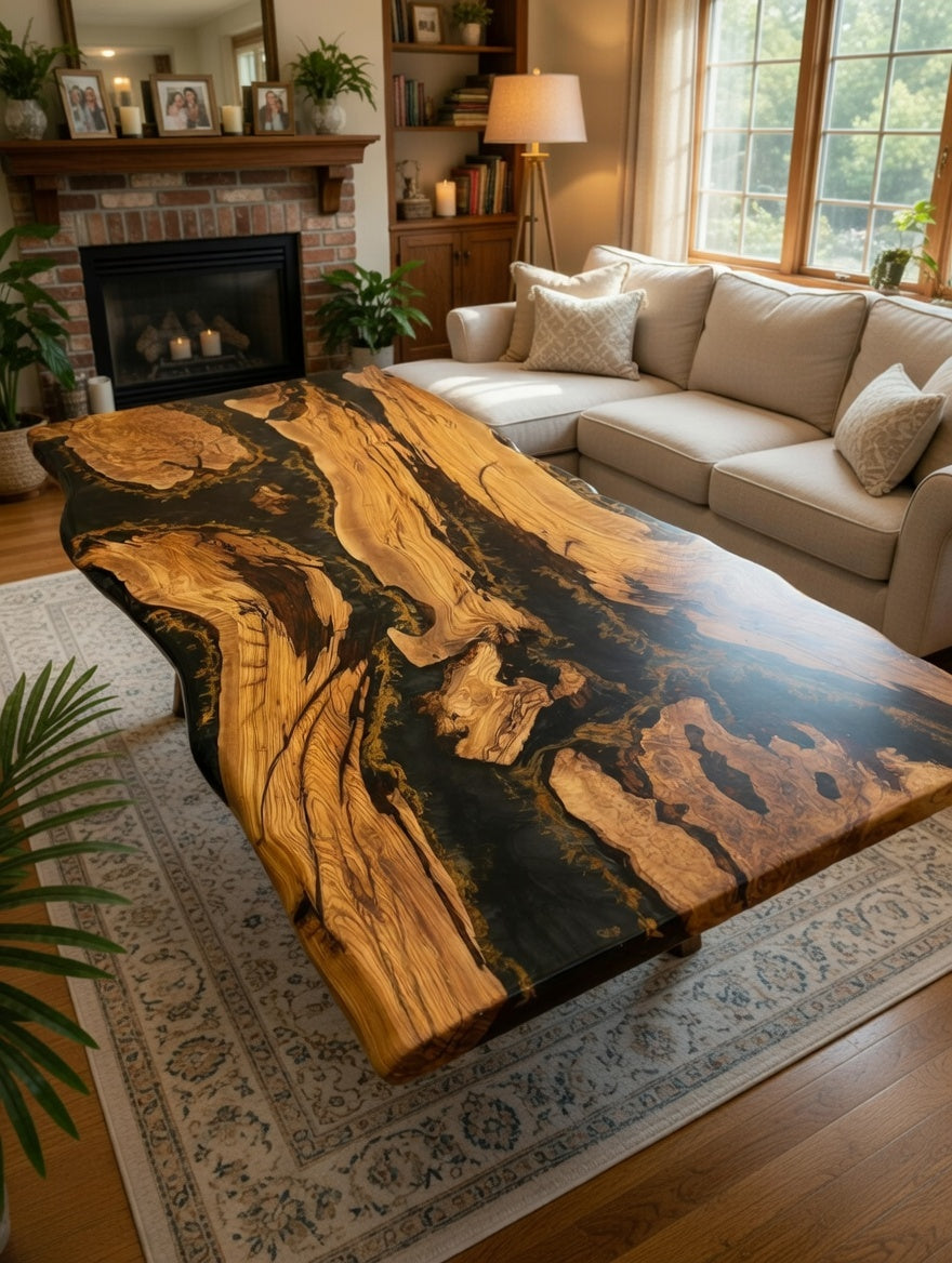 Customer Custom Premium Rectangular Olive Wood Black Epoxy River Dining Table image 5