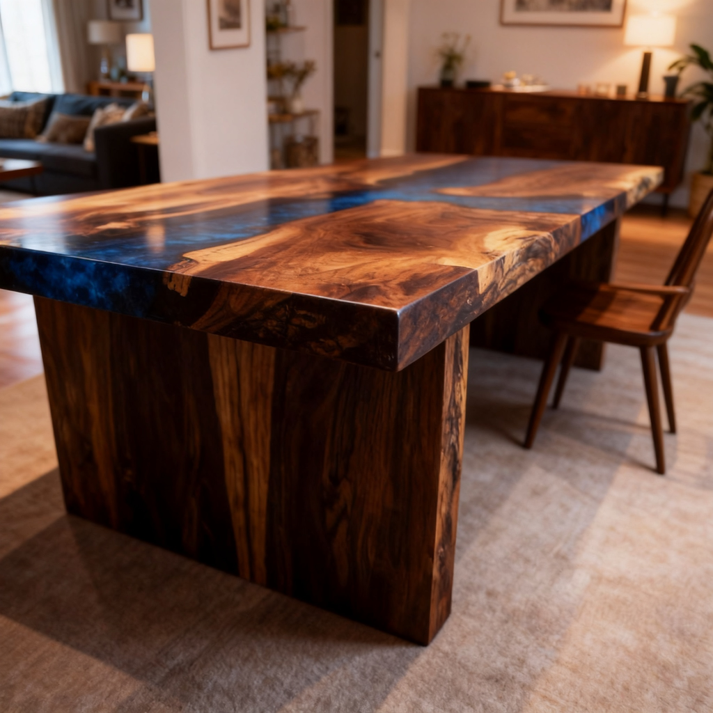 Abyssal Heart Flow Custom Black Walnut Blue Epoxy River Dining Table image 4