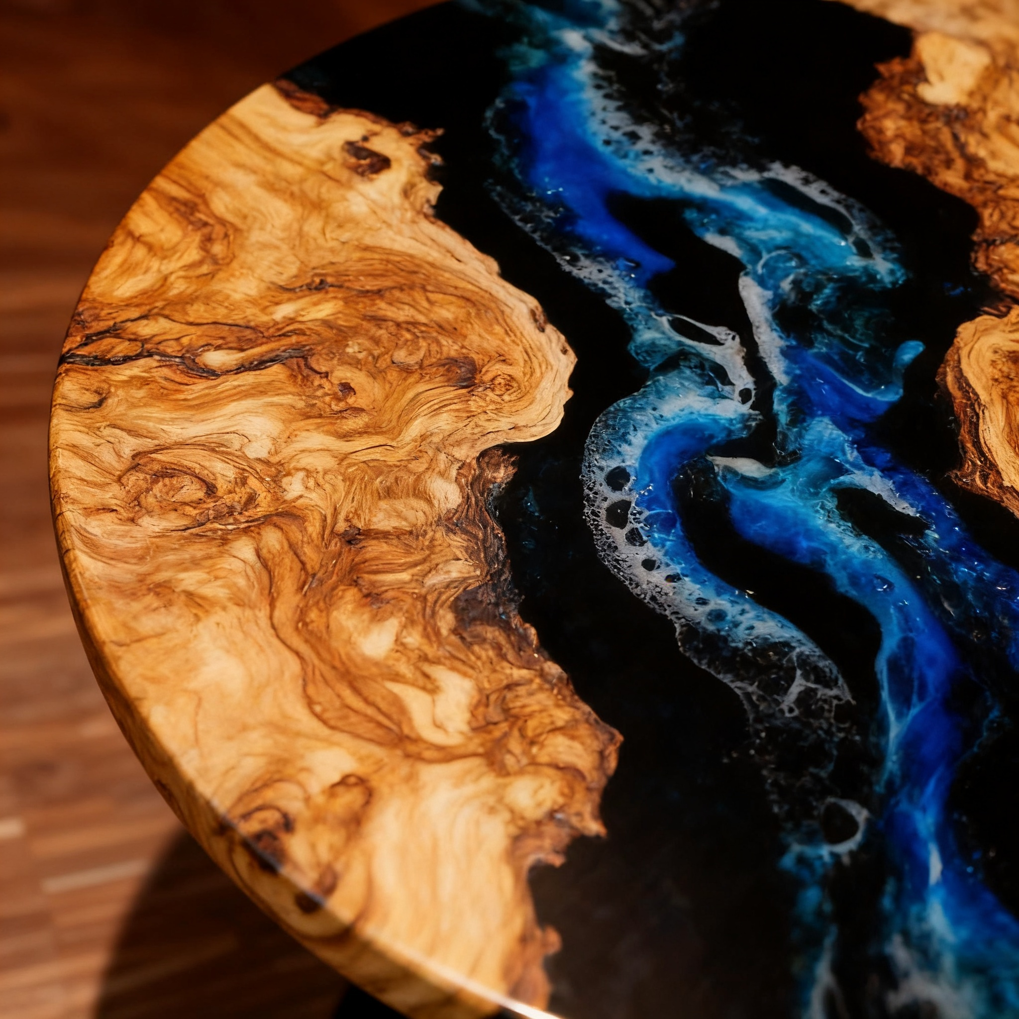 Premium Round Olive Wood Blue Epoxy River Dining Table image 4