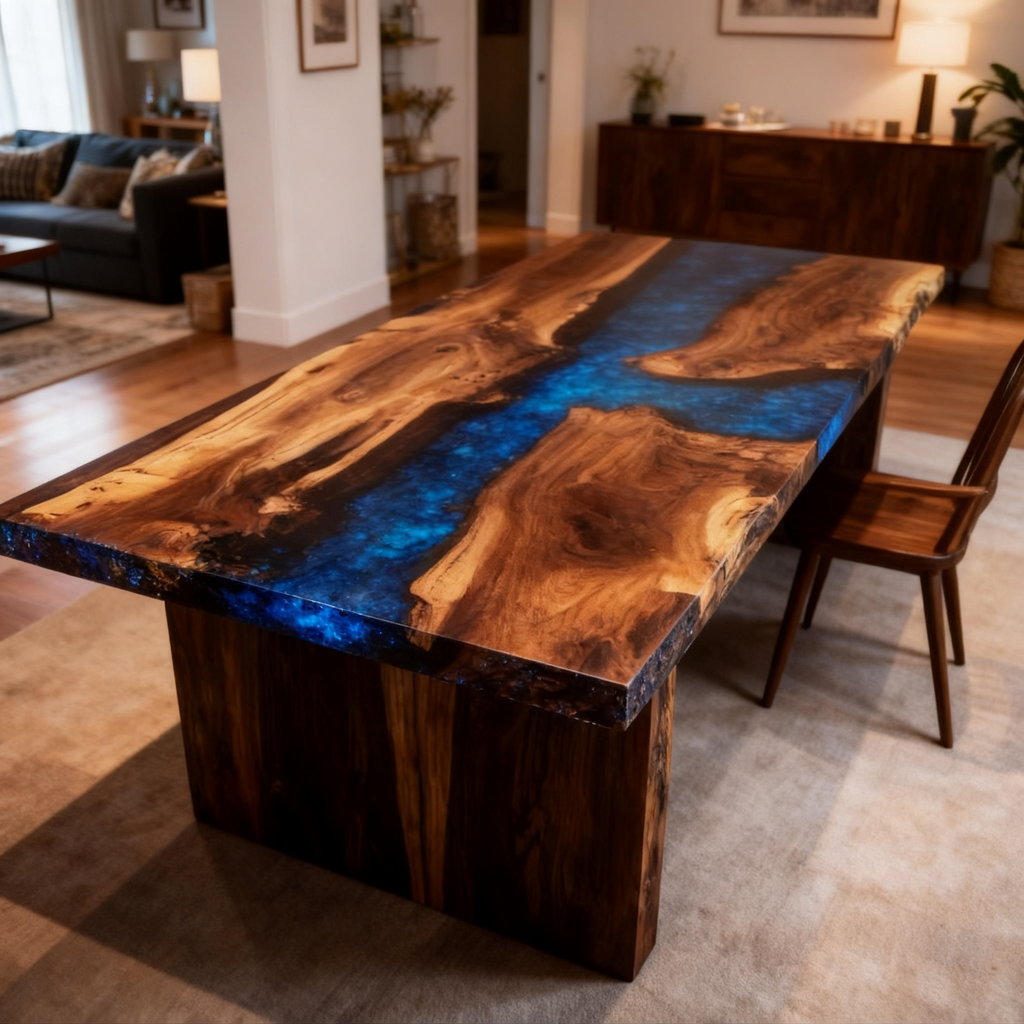 Abyssal Heart Flow Custom Black Walnut Blue Epoxy River Dining Table image 5