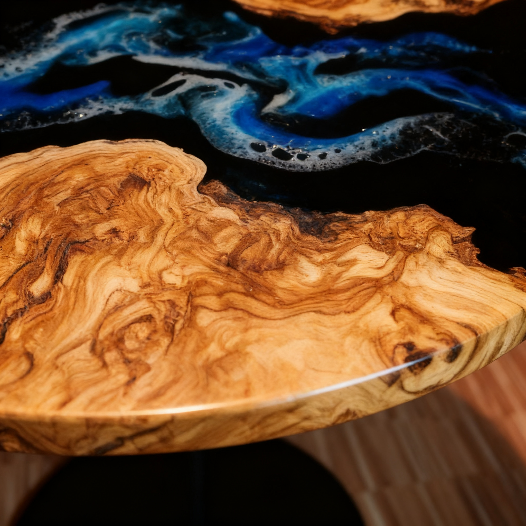 Premium Round Olive Wood Blue Epoxy River Dining Table image 5