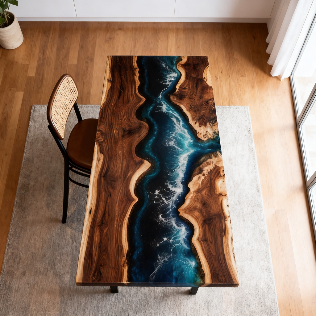 Coastal Surge Ripples Custom Black Walnut Blue Epoxy River Dining Table image 5