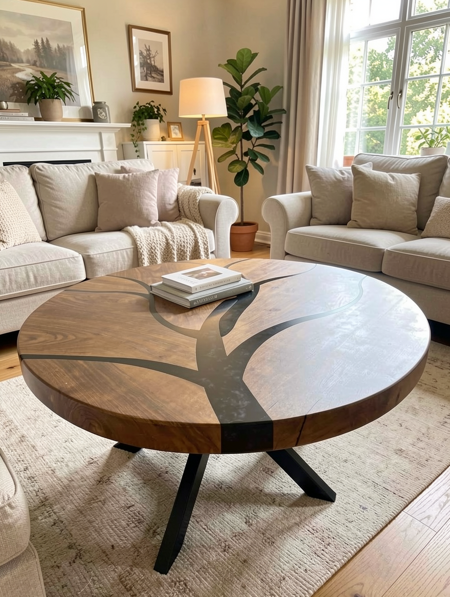 Customer Custom Premium Round Suar Wood Black Epoxy Tree Branch Dining Table image 5