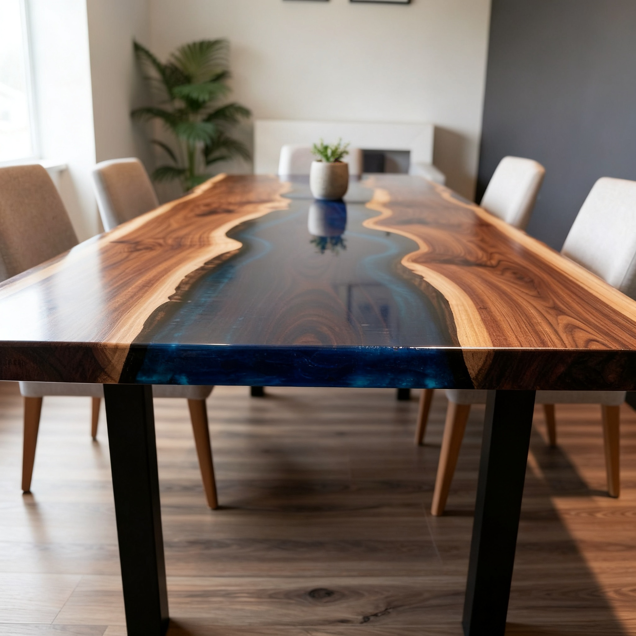 Custom Executive South American Walnut Deep Blue Resin Dining Table image 5