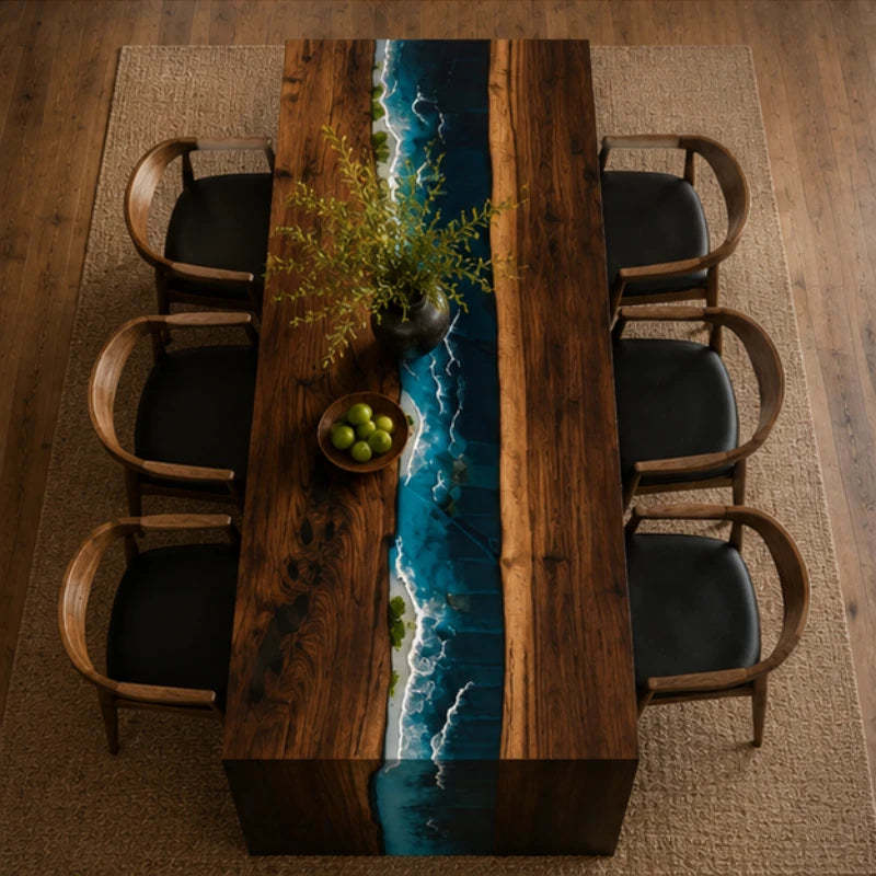 Waterfall Epoxy Dining Table – Ocean River Resin & Solid Walnut Statement Table 72″ x 36″ x 30″