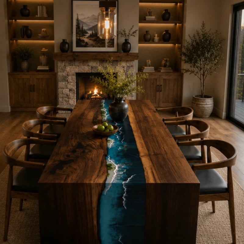 Waterfall Epoxy Dining Table – Ocean River Resin & Solid Walnut Statement Table 72″ x 36″ x 30″