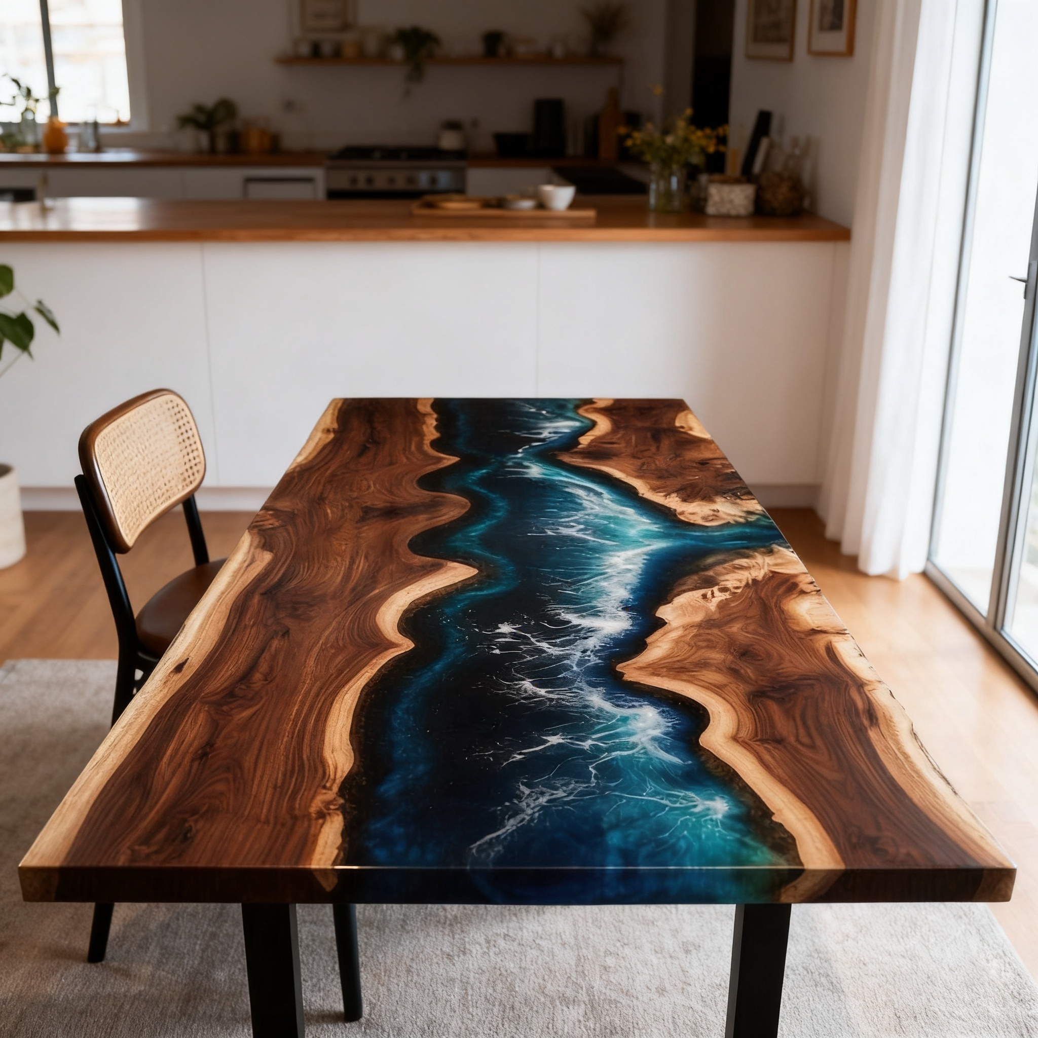 Coastal Surge Ripples Custom Black Walnut Blue Epoxy River Dining Table image 1