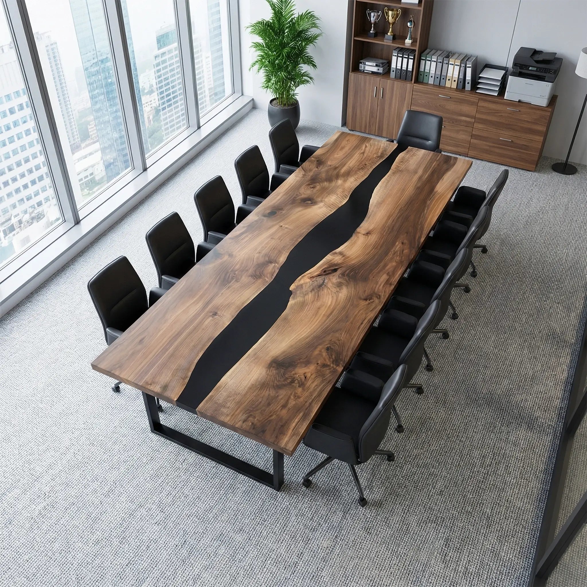 Custom Black Walnut Epoxy Resin River Conference Table Black Resin