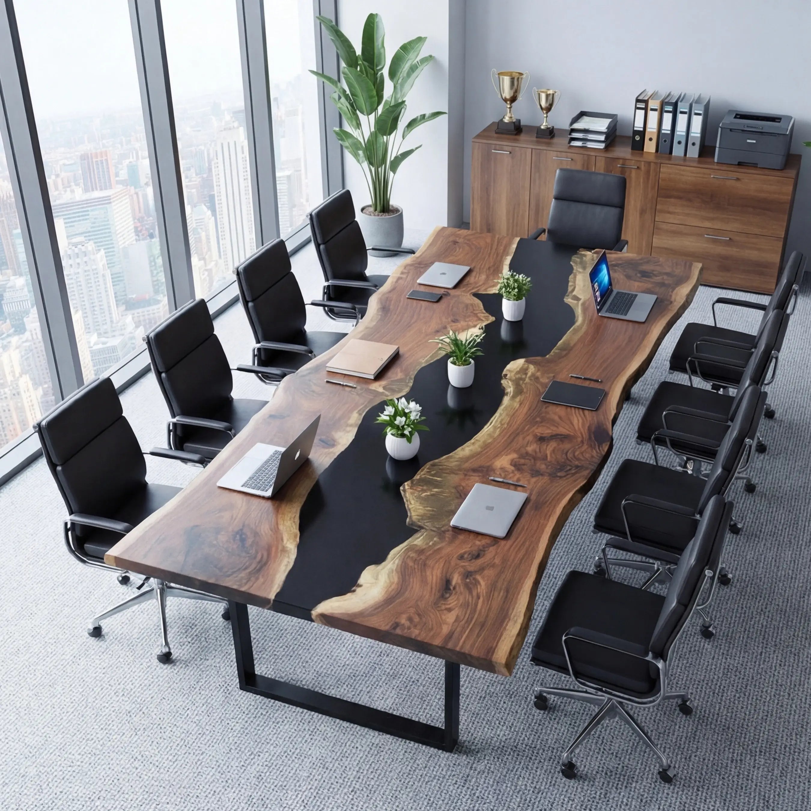 Custom Black Walnut Epoxy Resin River Conference Table Black Resin