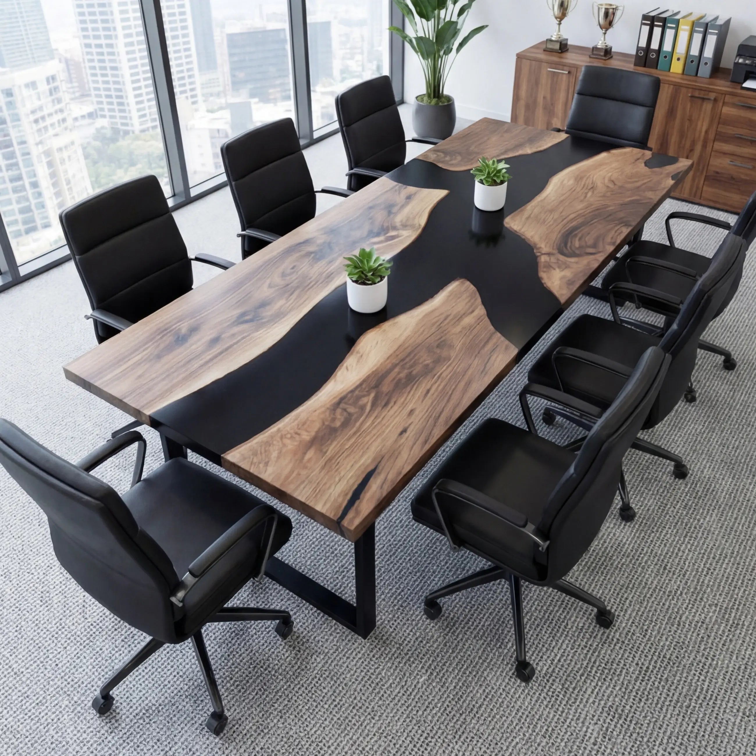 Custom Black Walnut Epoxy Resin River Conference Table Black Resin