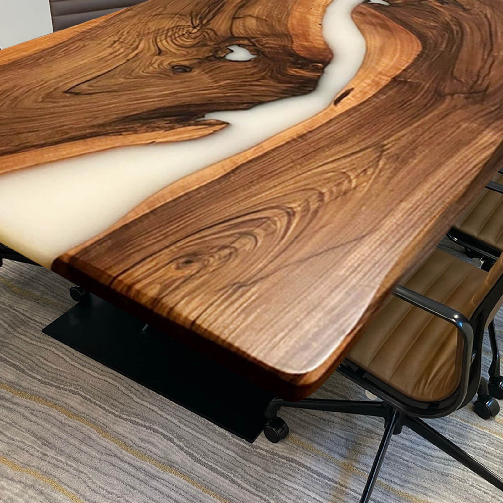 Custom Black Walnut Epoxy Resin River Conference Table White Resin