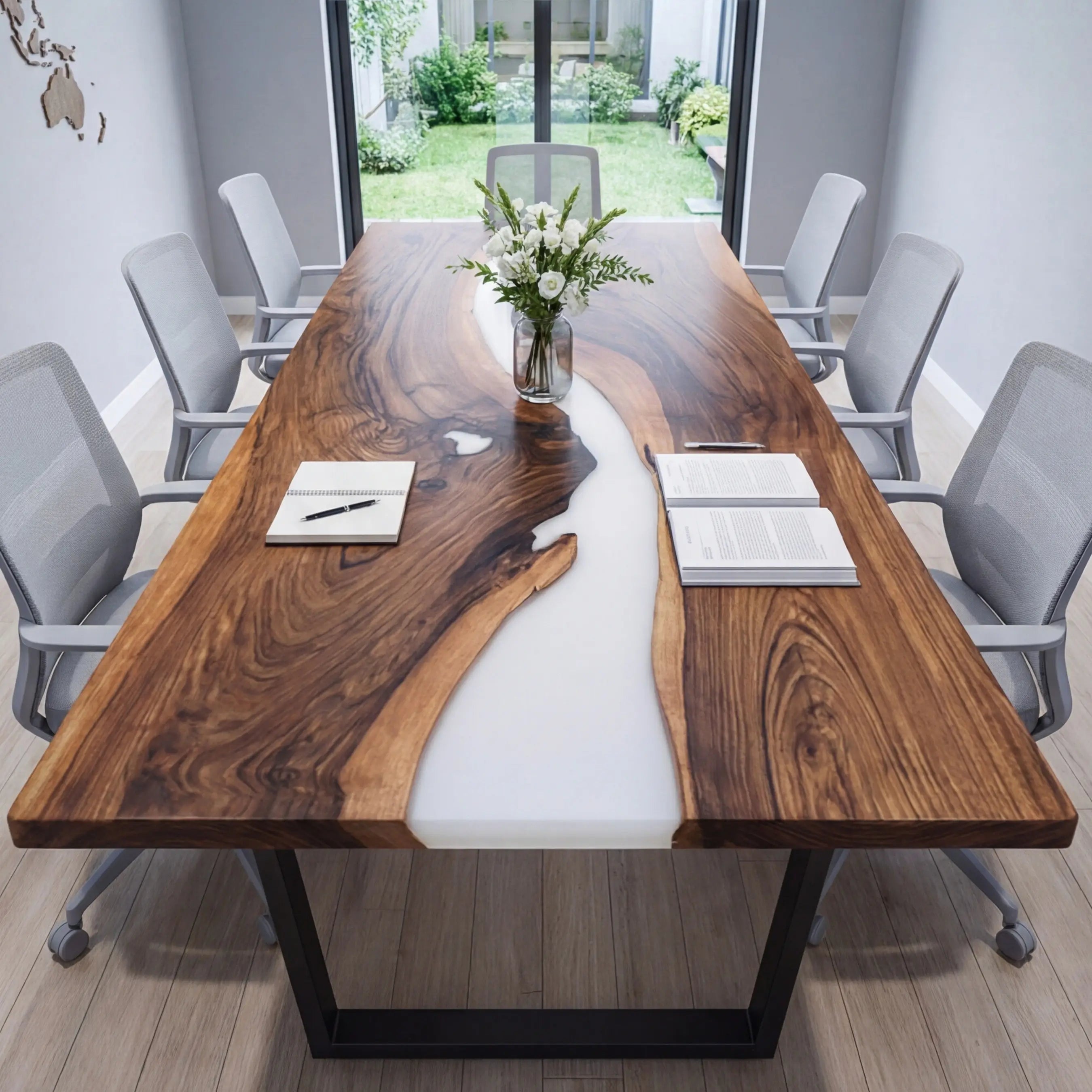 Custom Black Walnut Epoxy Resin River Conference Table White Resin