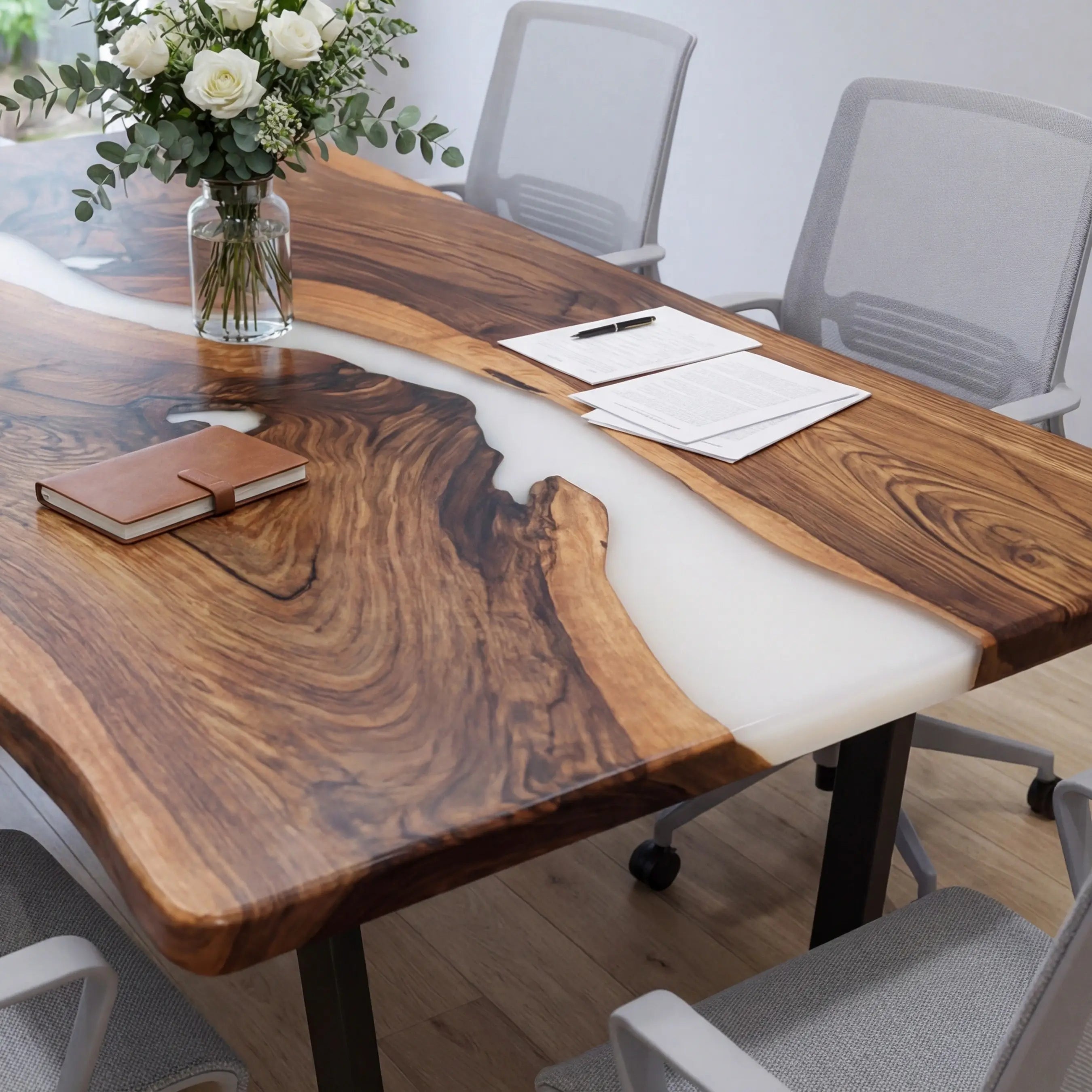 Custom Black Walnut Epoxy Resin River Conference Table White Resin