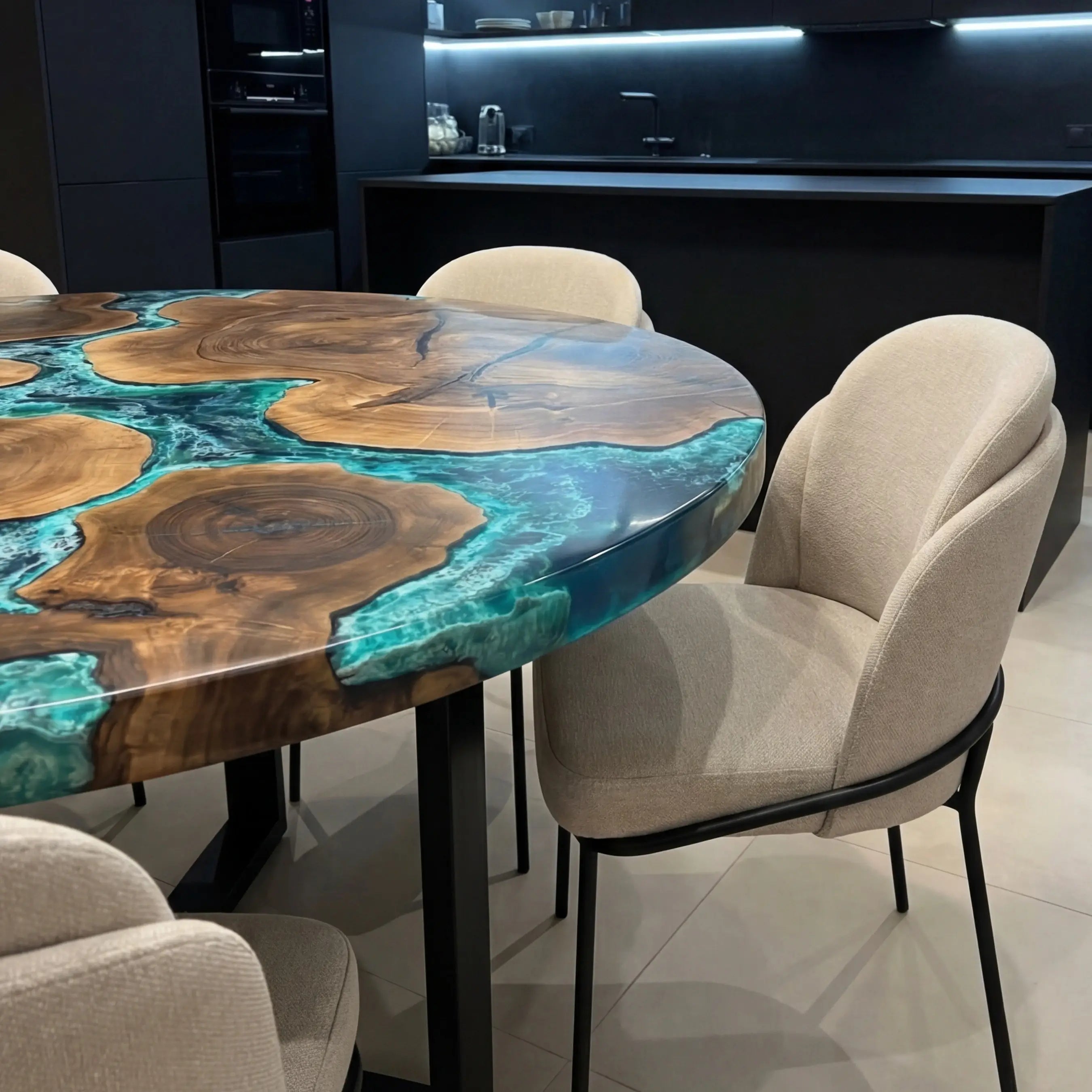 Custom Black Walnut Epoxy Resin River Round Coffee Table Blue Waves