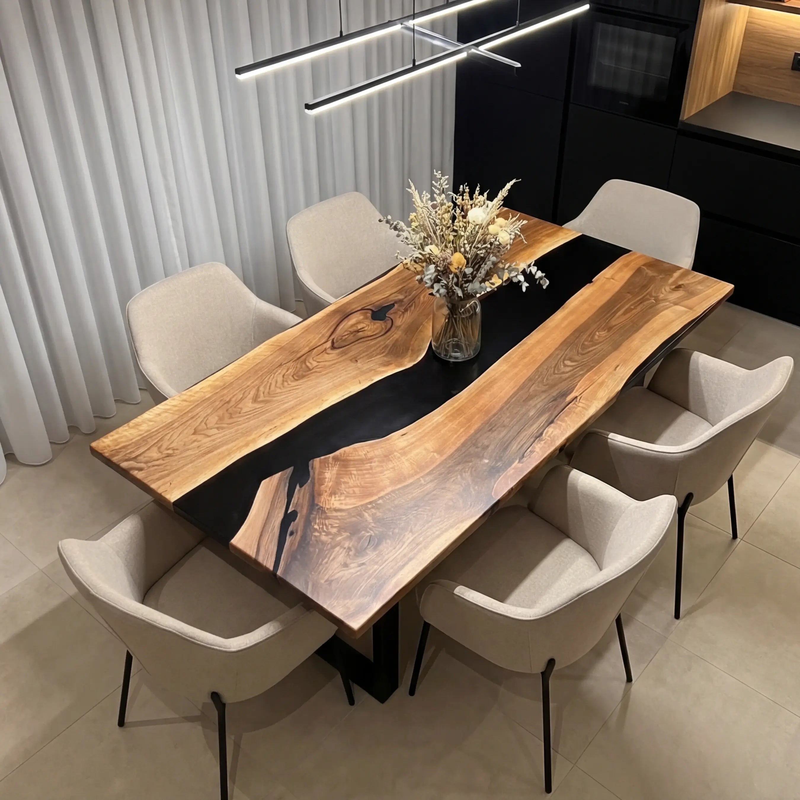 Custom Black Walnut Epoxy Resin River Table Black Resin ERD-37 - image 1 | ThawHome