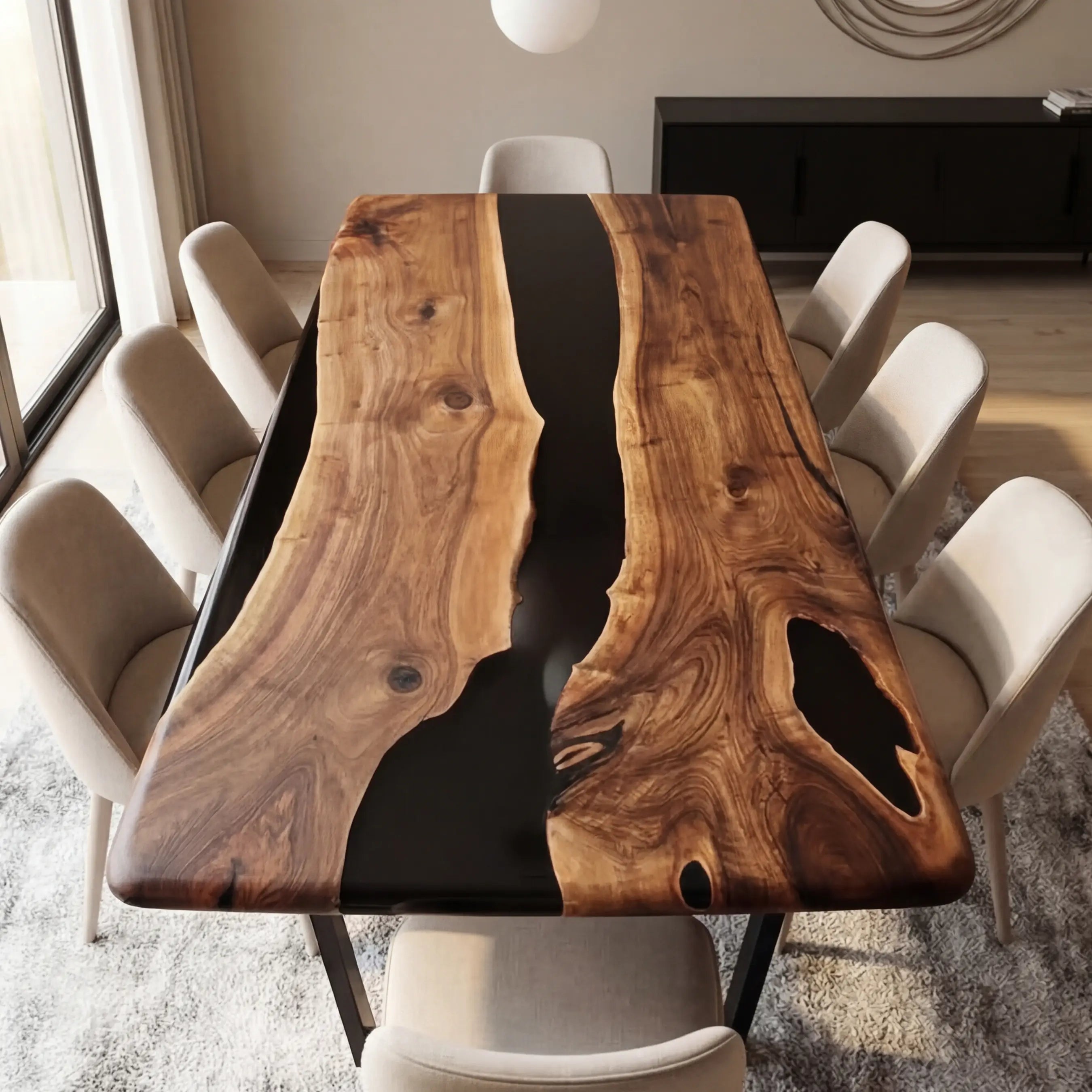 Custom Black Walnut Epoxy Resin River Table Black Resin JQT-29 - image 2 | ThawHome