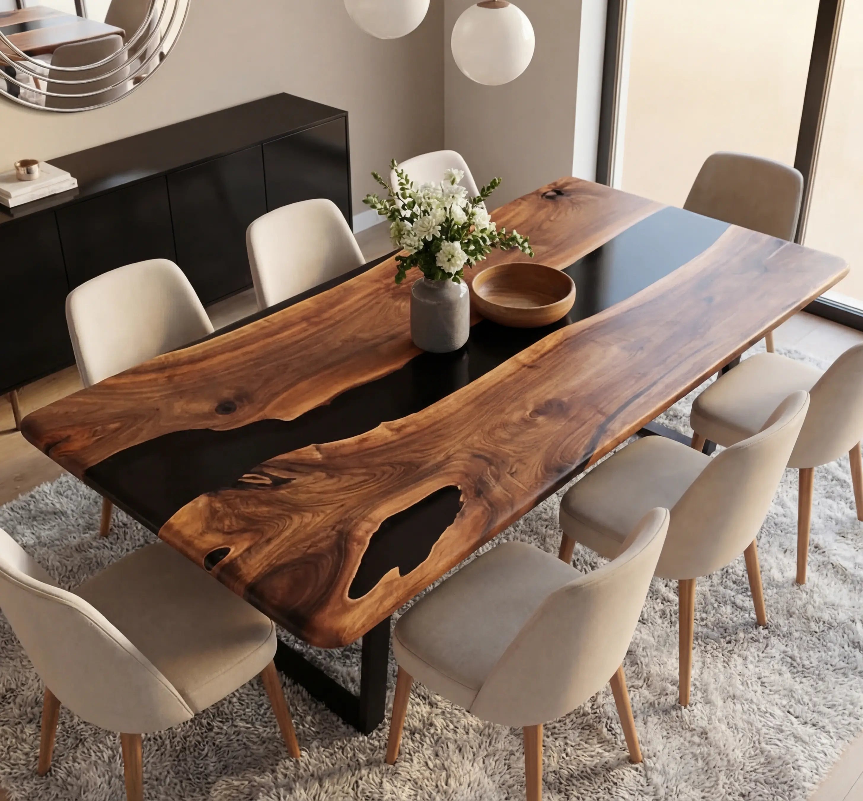Custom Black Walnut Epoxy Resin River Table Black Resin JQT-29 - image 3 | ThawHome