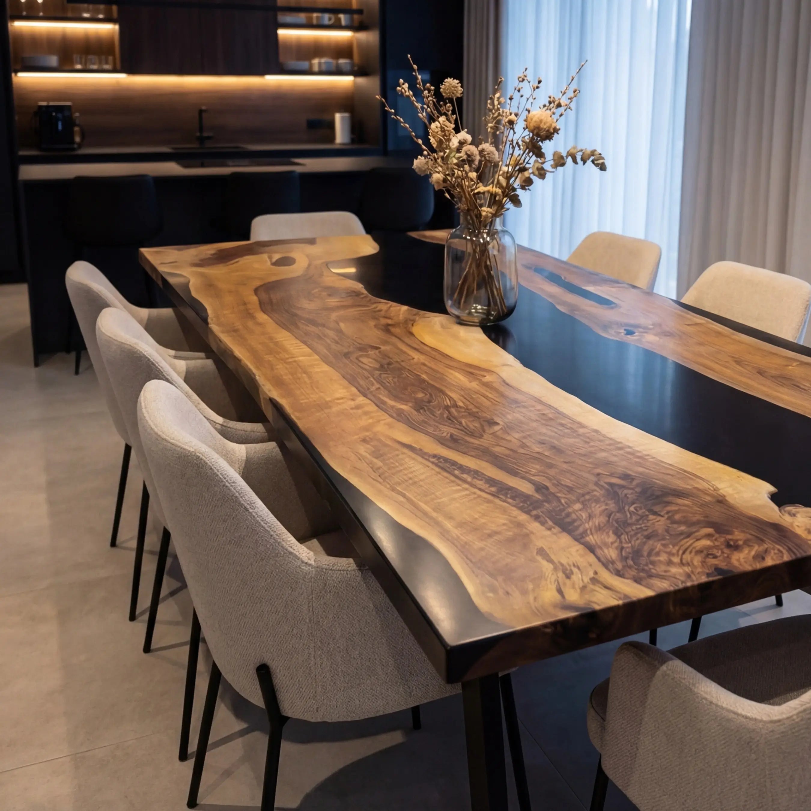 Custom Black Walnut Epoxy Resin River Table Black Resin LXT-57 - image 4 | ThawHome