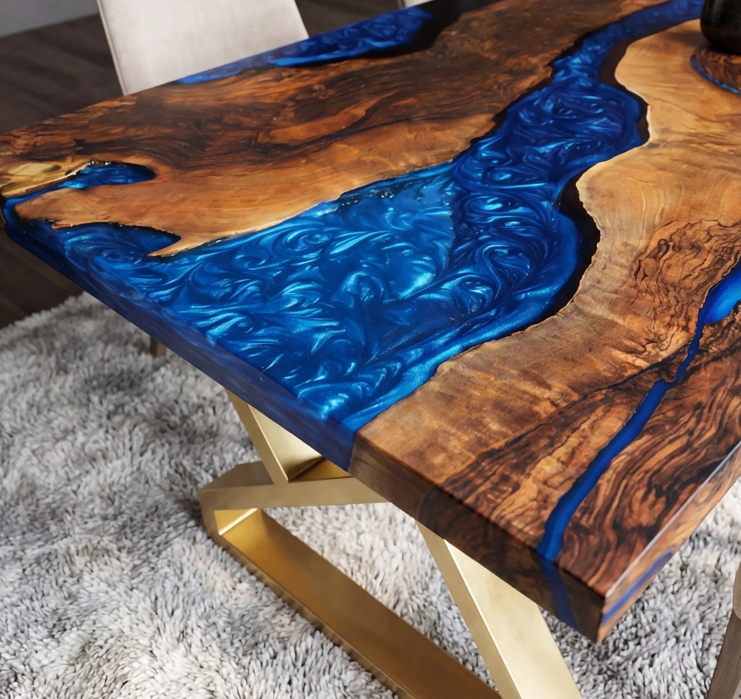 Custom Black Walnut Epoxy Resin River Table Blue Pearl ERT-73 - image 5 | ThawHome