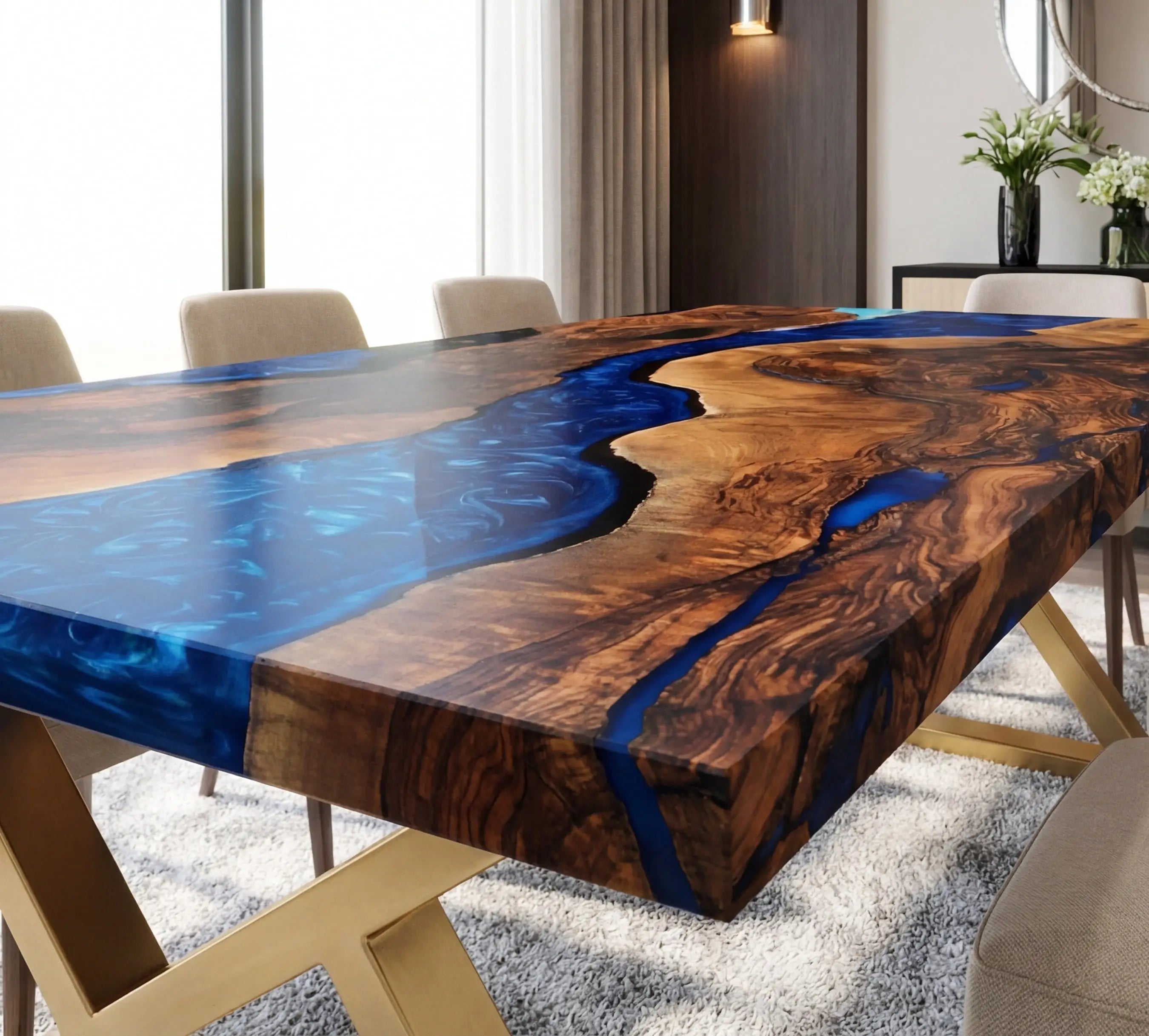Custom Black Walnut Epoxy Resin River Table Blue Pearl ERT-73 - image 7 | ThawHome