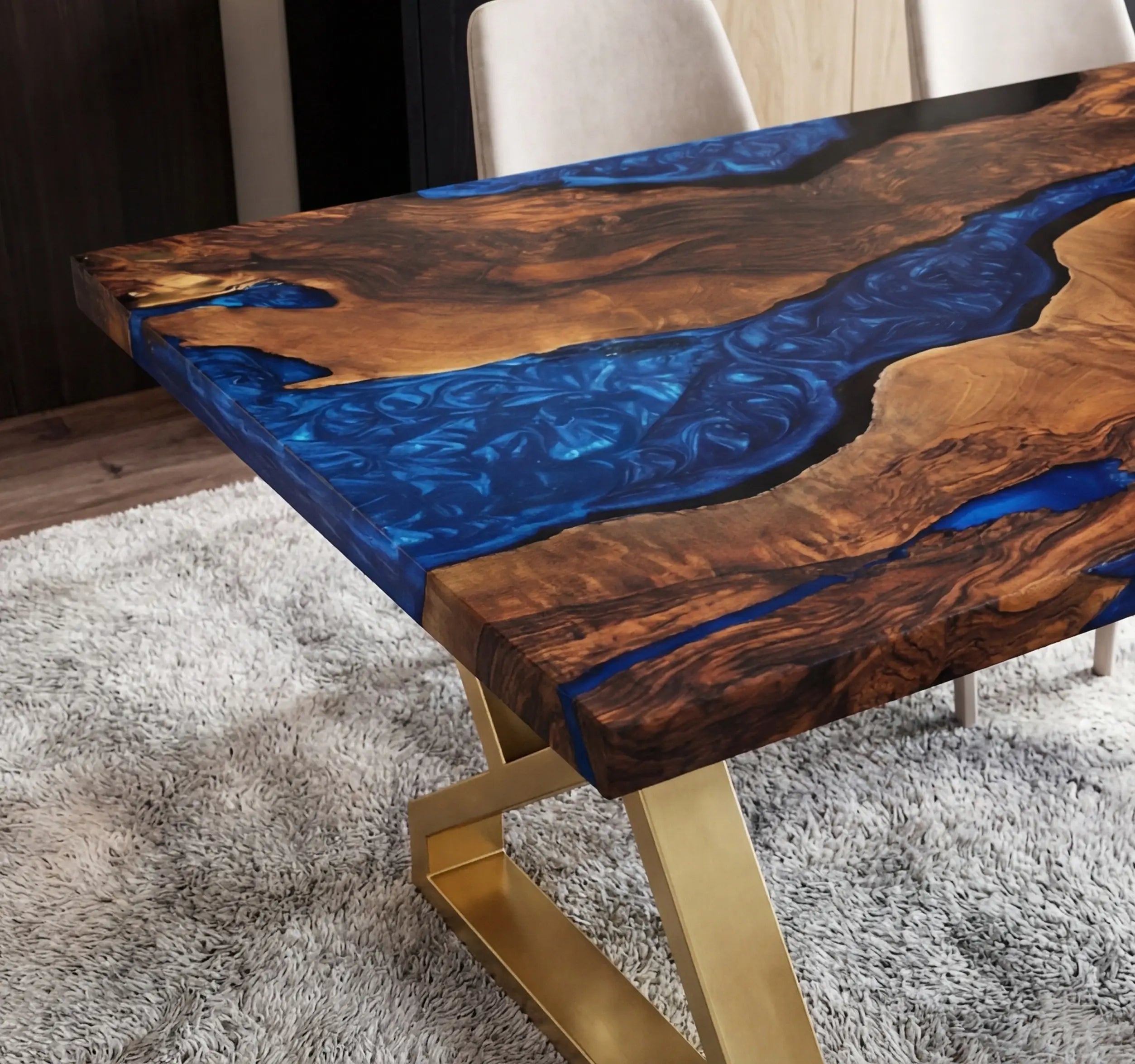 Custom Black Walnut Epoxy Resin River Table Blue Pearl ERT-73 - image 6 | ThawHome