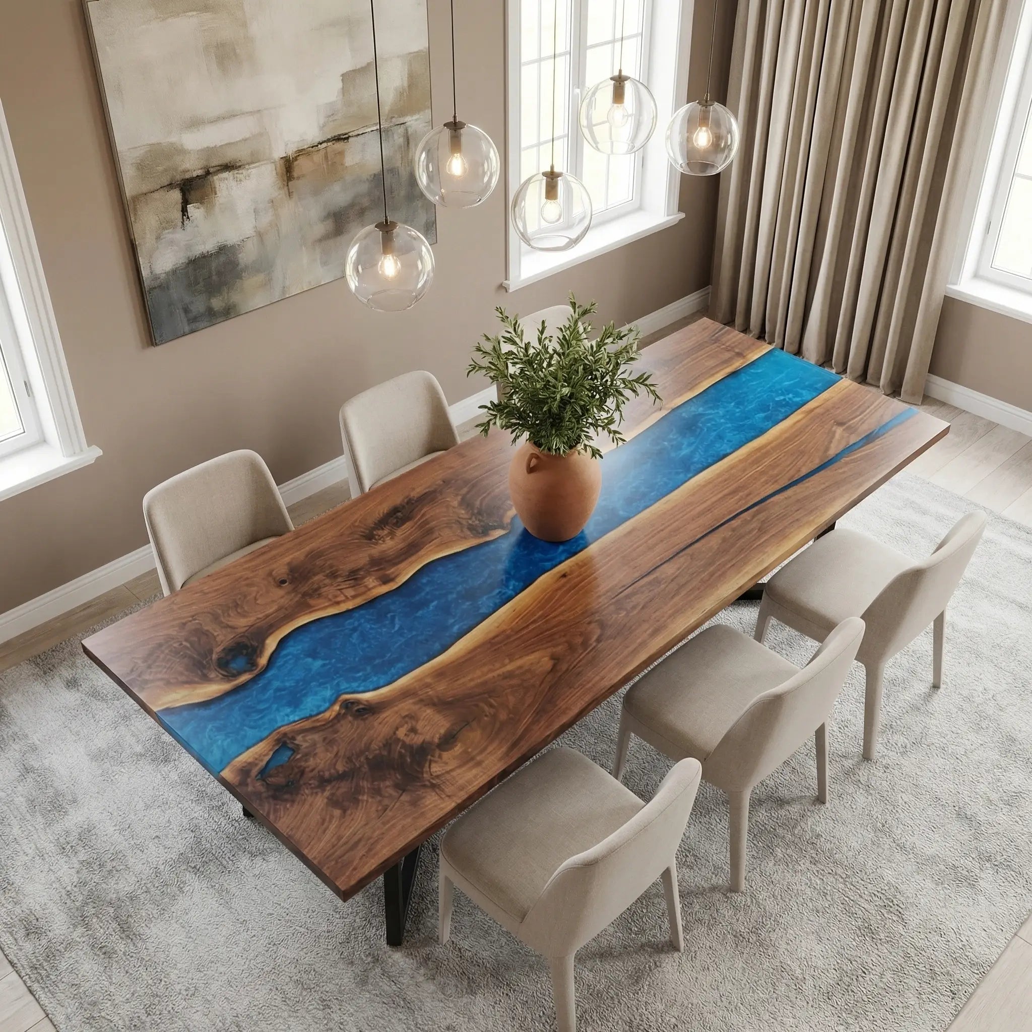 Custom Black Walnut Epoxy Resin River Table Blue Pearl ORT-83 - image 1 | ThawHome